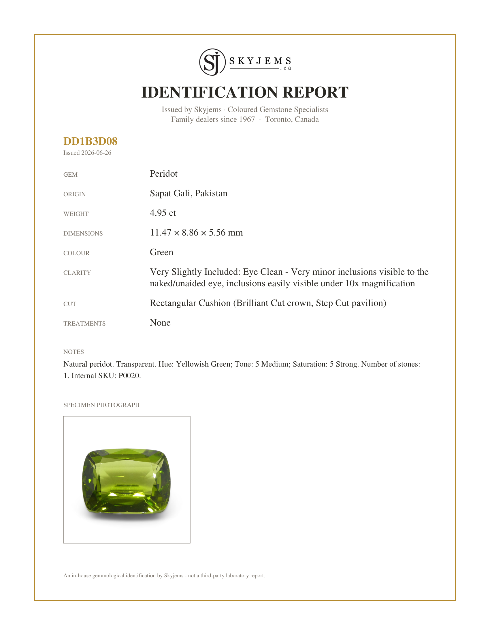 Skyjems Identification Report for P0020 — 4.95ct Rectangular Cushion Yellowish Green Peridot