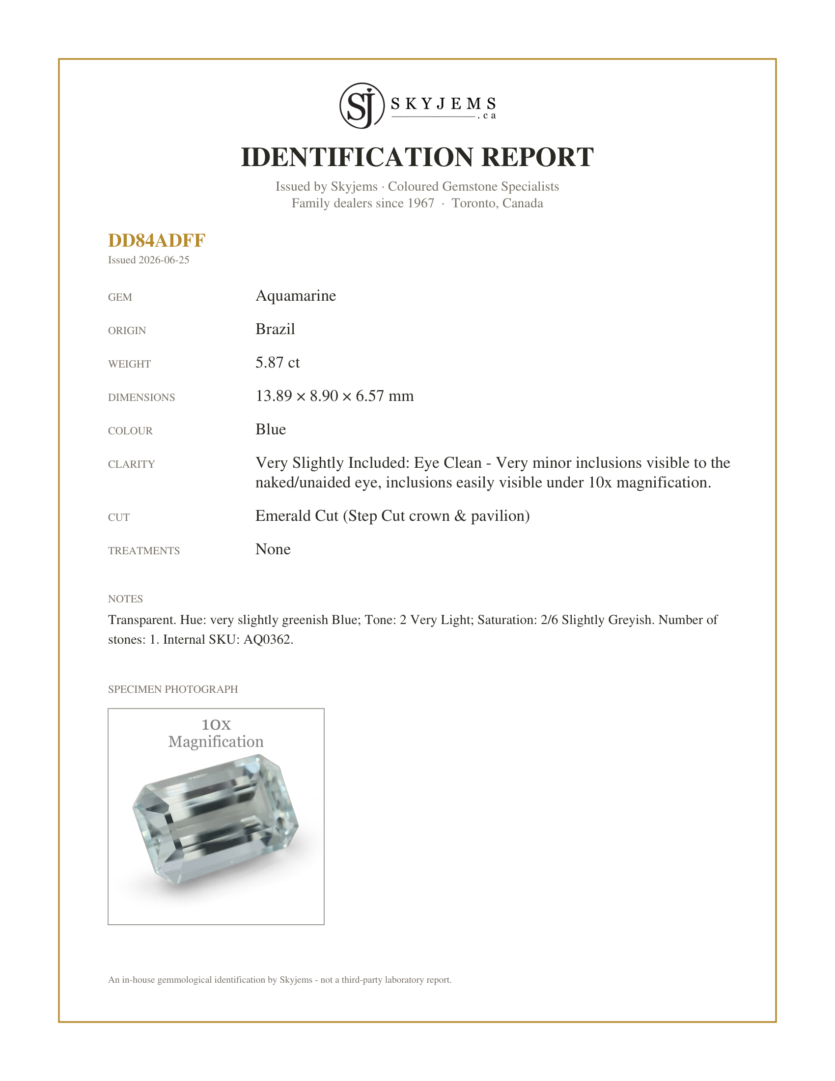 Skyjems Identification Report for AQ0362 — 5.87ct Emerald Cut Aquamarine