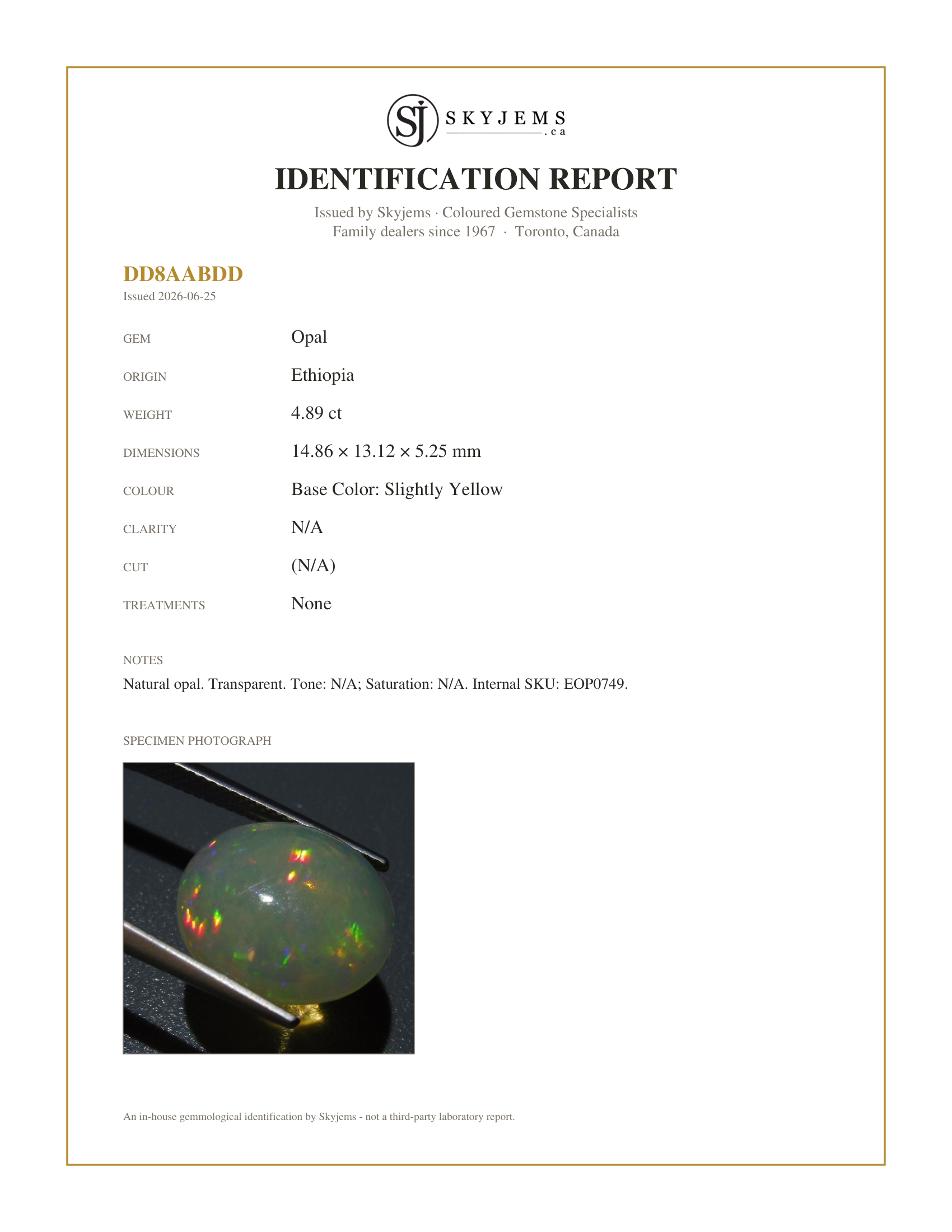 Skyjems Identification Report for EOP0749 — 4.89 ct Oval Cabochon Opal