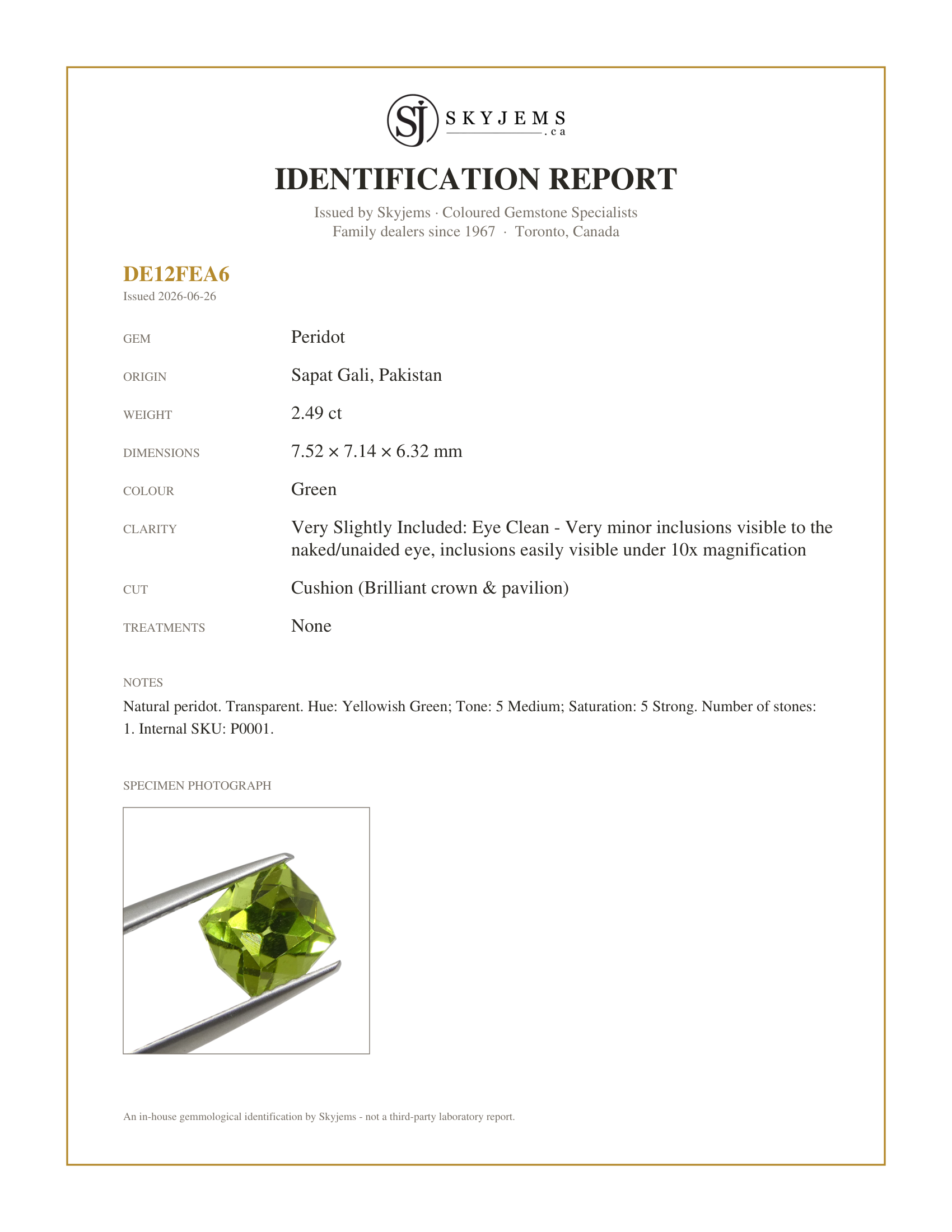 Skyjems Identification Report for P0001 — 2.49ct Cushion Yellowish Green Peridot