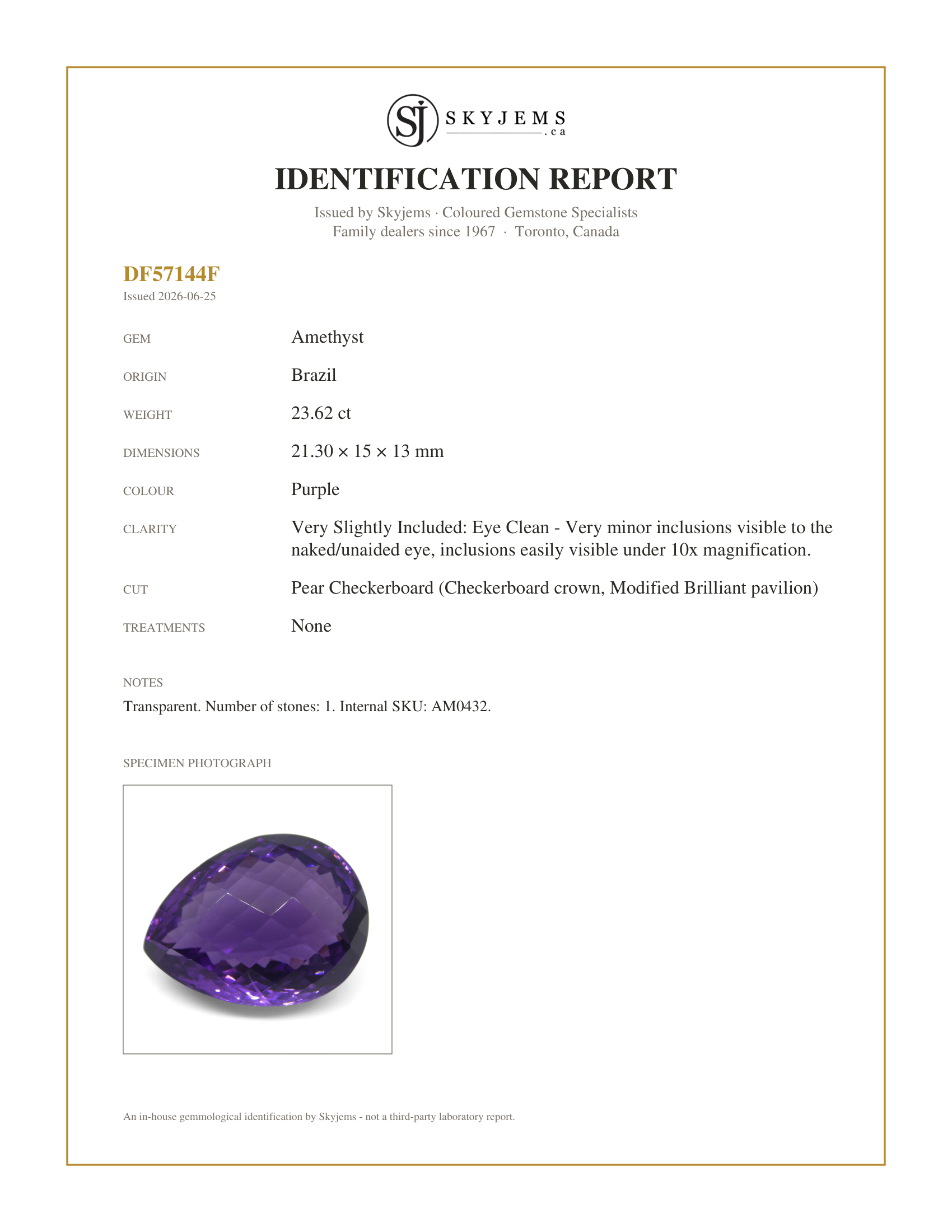 Skyjems Identification Report for AM0432 — 23.62 ct Pear Checkerboard Amethyst