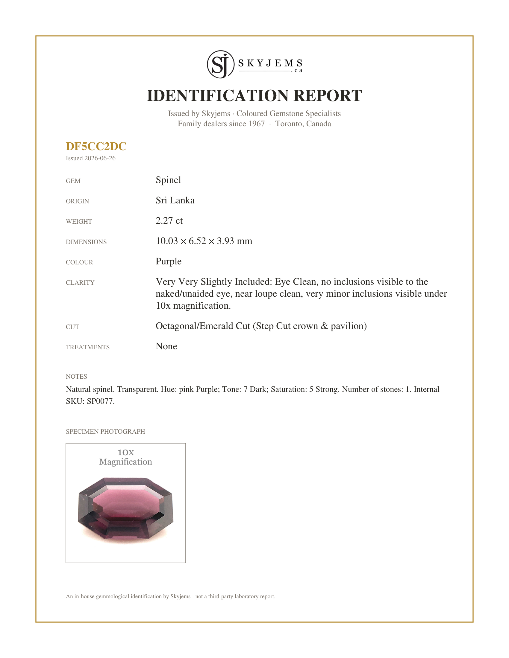 Skyjems Identification Report for SP0077 — 2.27ct Octagonal/Emerald Cut Purple Spinel from Sri Lanka Unheated