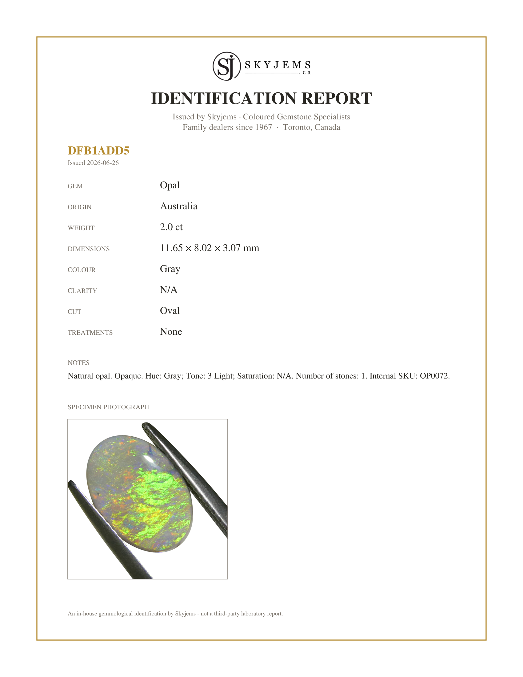 Skyjems Identification Report for OP0072 — 2ct Oval Cabochon Gray Opal from Australia