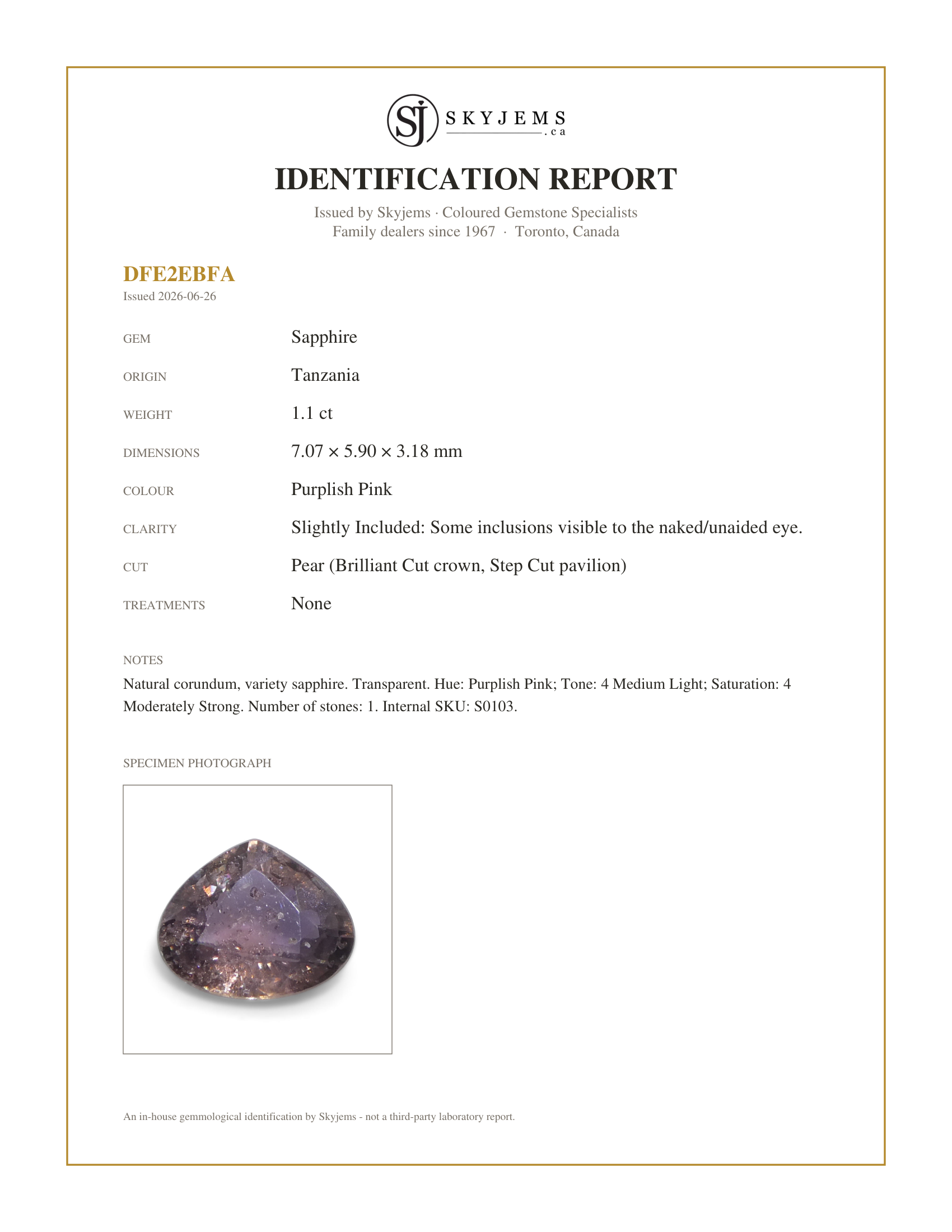 Skyjems Identification Report for S0103 — 1.1ct Pear Purplish Pink Sapphire from Tanzania Unheated