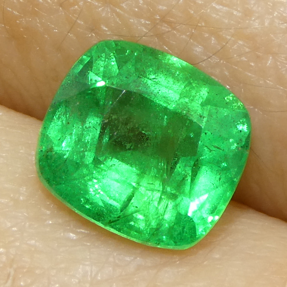 1.46ct Cushion Green Emerald from Zambia, premium quality gemstone by SkyJems, Canadian gem specialists since 1967