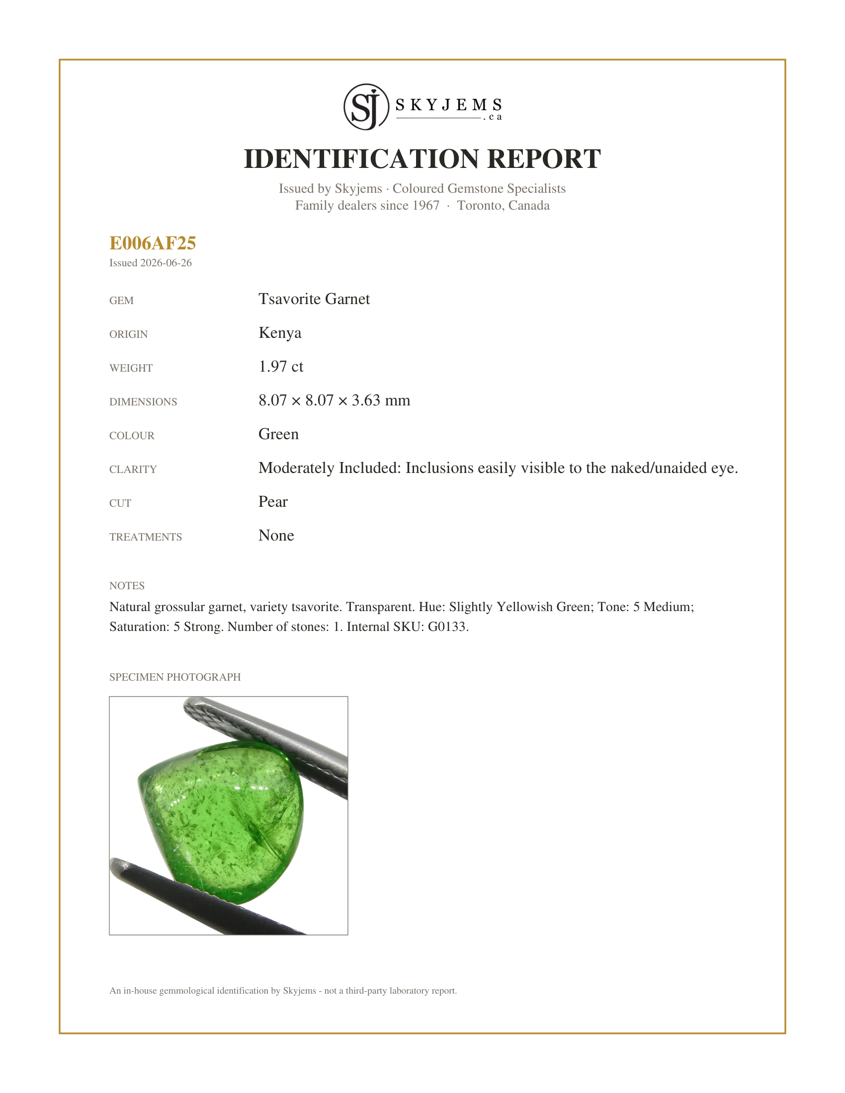Skyjems Identification Report for G0133 — 1.97ct Pear Cabochon Green Tsavorite Garnet from Kenya, Unheated