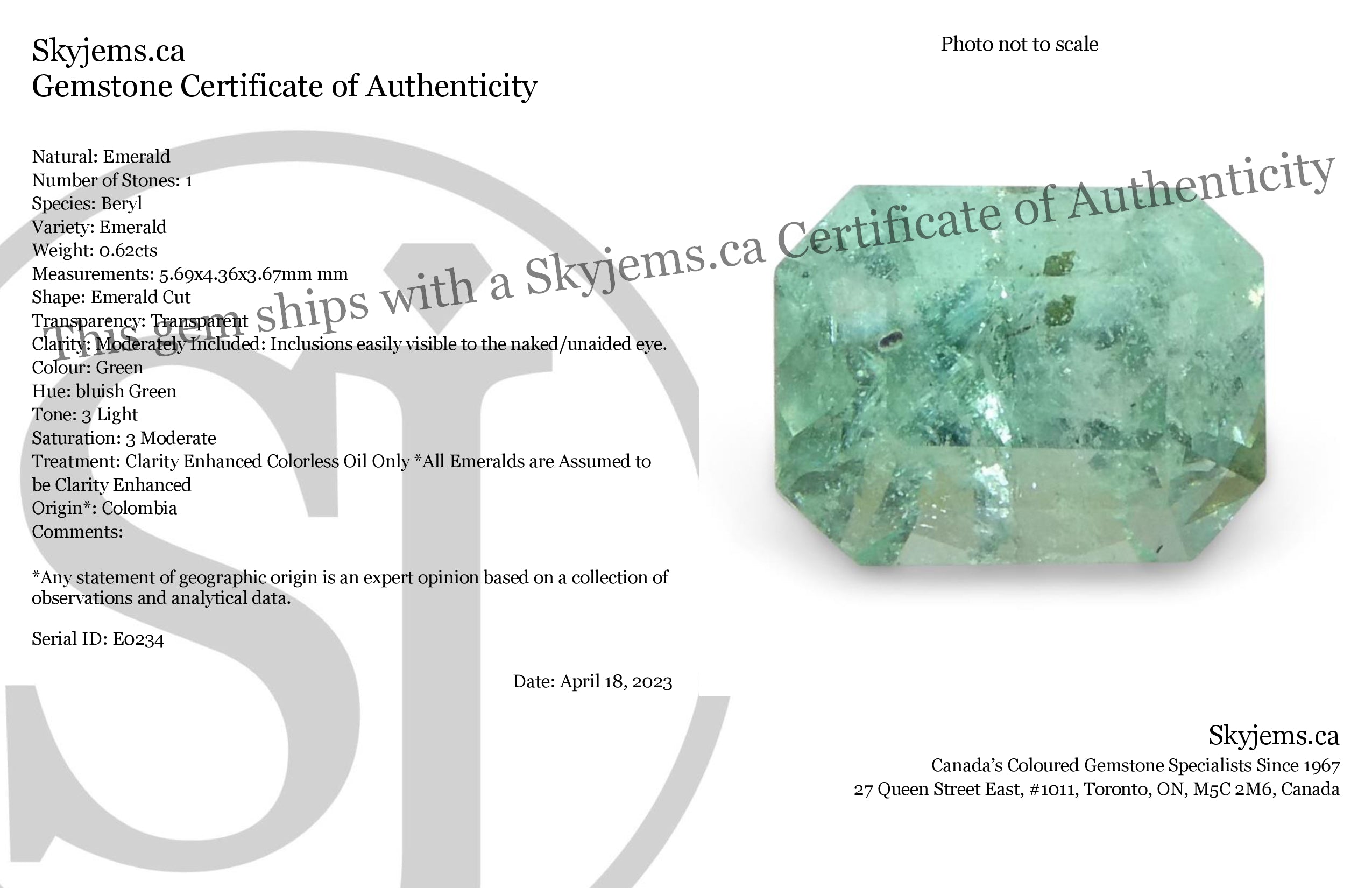 0.62ct Colombian Emerald, bluish green emerald cut gemstone from SkyJems, premium Canadian colored gem specialists