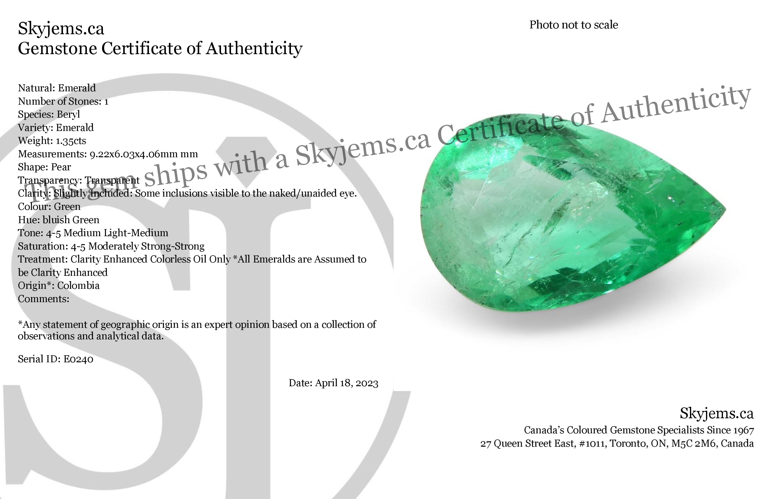 1.35ct Colombian Emerald, pear-cut bluish green gemstone from SkyJems premium colored gem collection