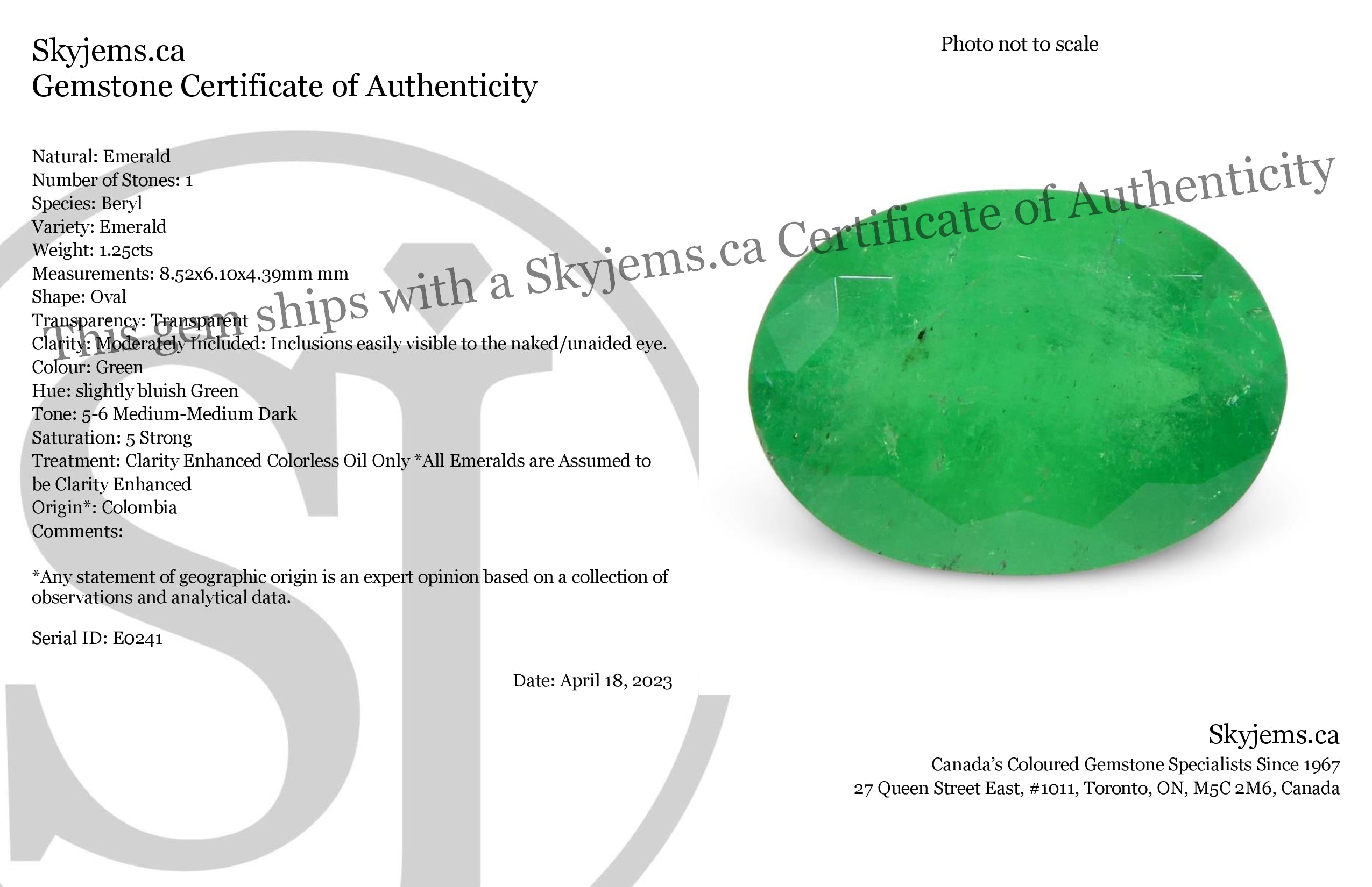 1.25ct Colombian Green Emerald Oval Gemstone from SkyJems Premium Beryl Collection