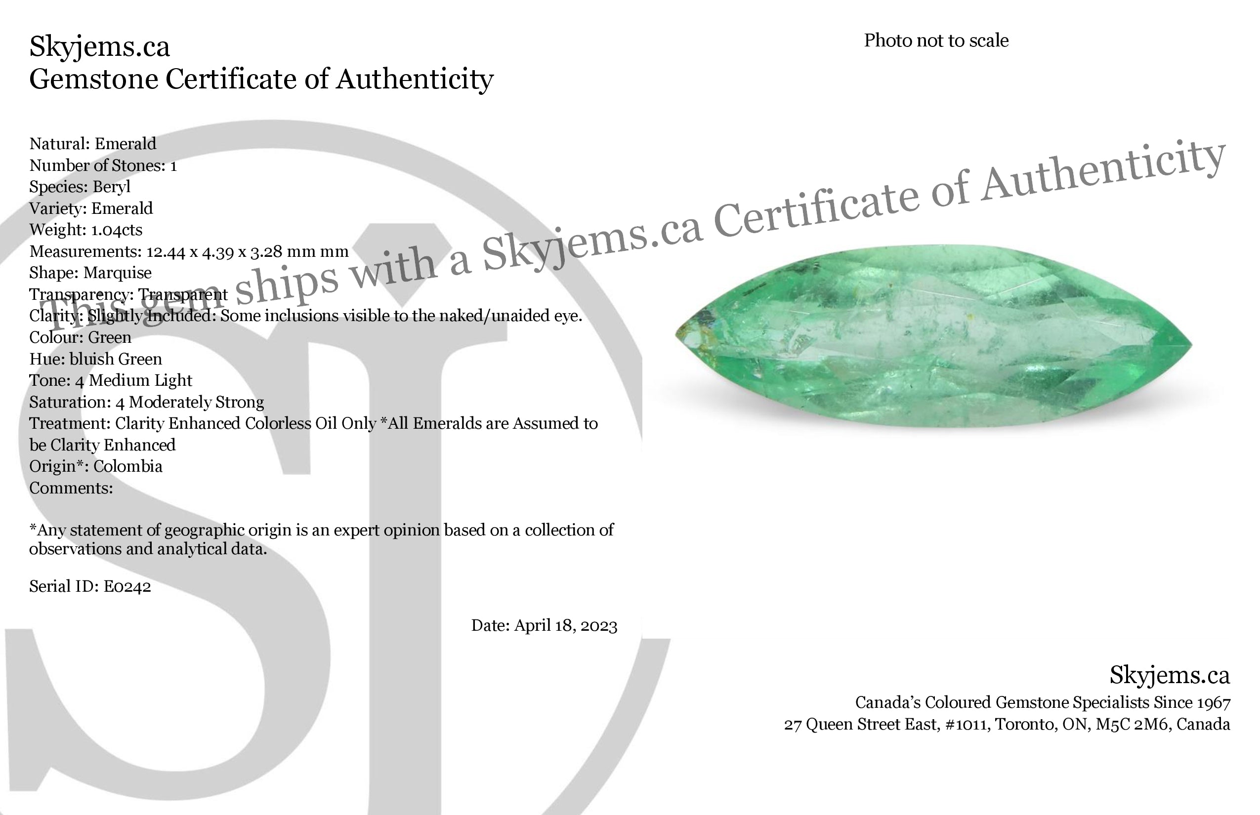 1.04ct Colombian Marquise Green Emerald, bluish green beryl gemstone from SkyJems premium gem collection