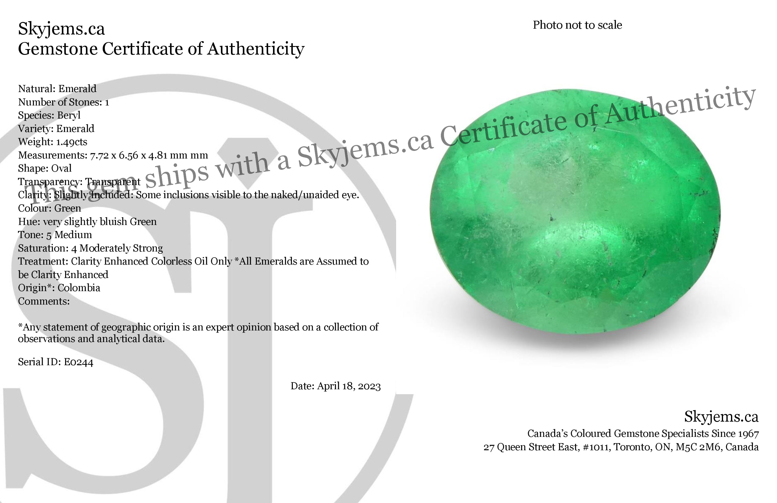1.49ct Colombian Green Emerald Oval Gemstone from SkyJems Fine Colored Gem Collection