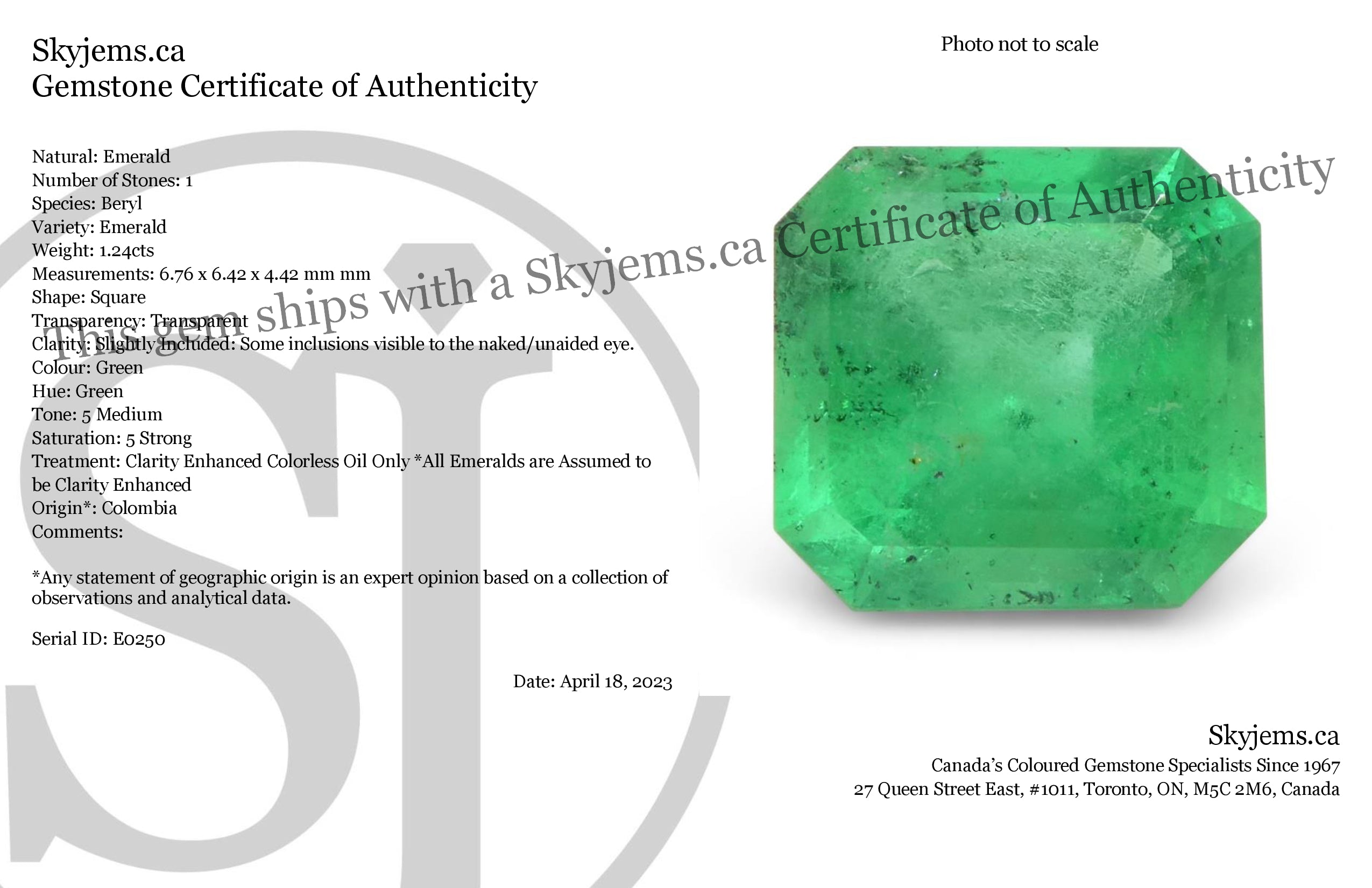 1.24ct Colombian Green Emerald Square Step Cut Gemstone from SkyJems Premium Gem Collection
