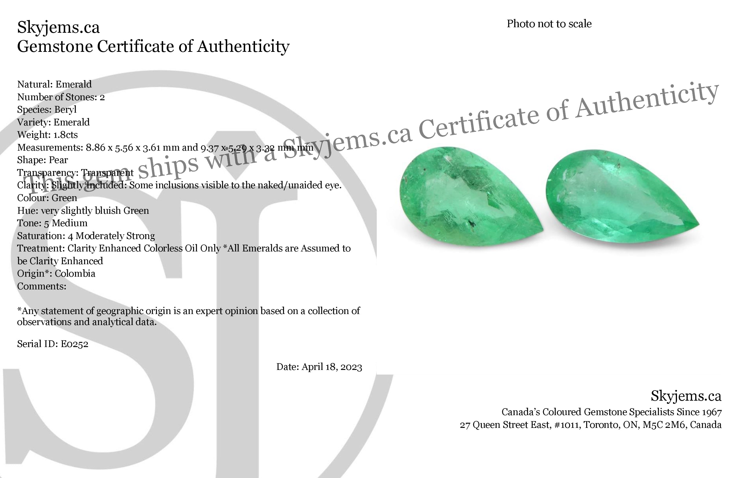 1.8ct Colombian Emerald Pair, Pear-Cut Green Gemstones from SkyJems Premium Gem Collection