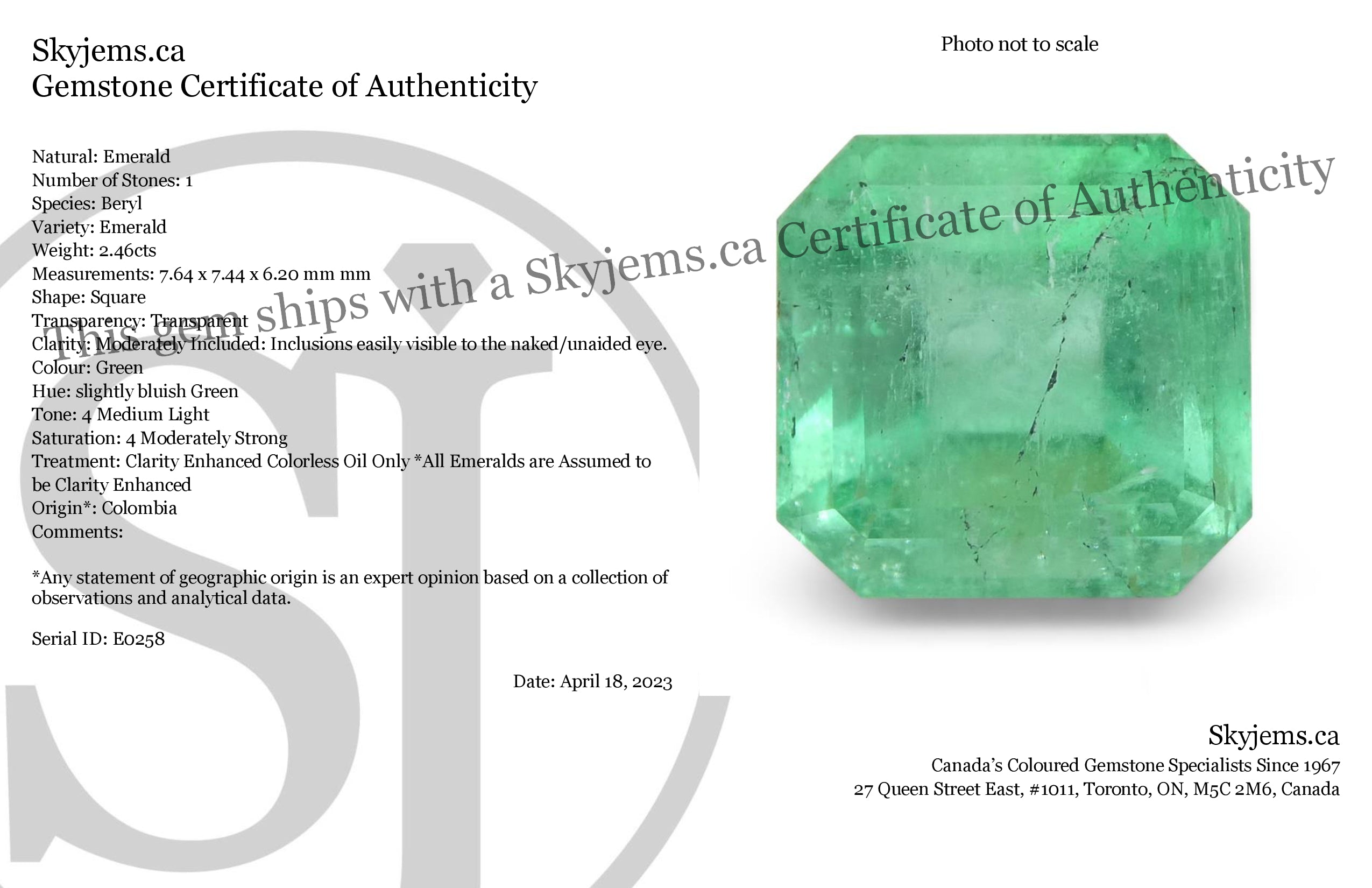 2.46ct Colombian Green Emerald Square Step Cut, premium green beryl gemstone by SkyJems Canada