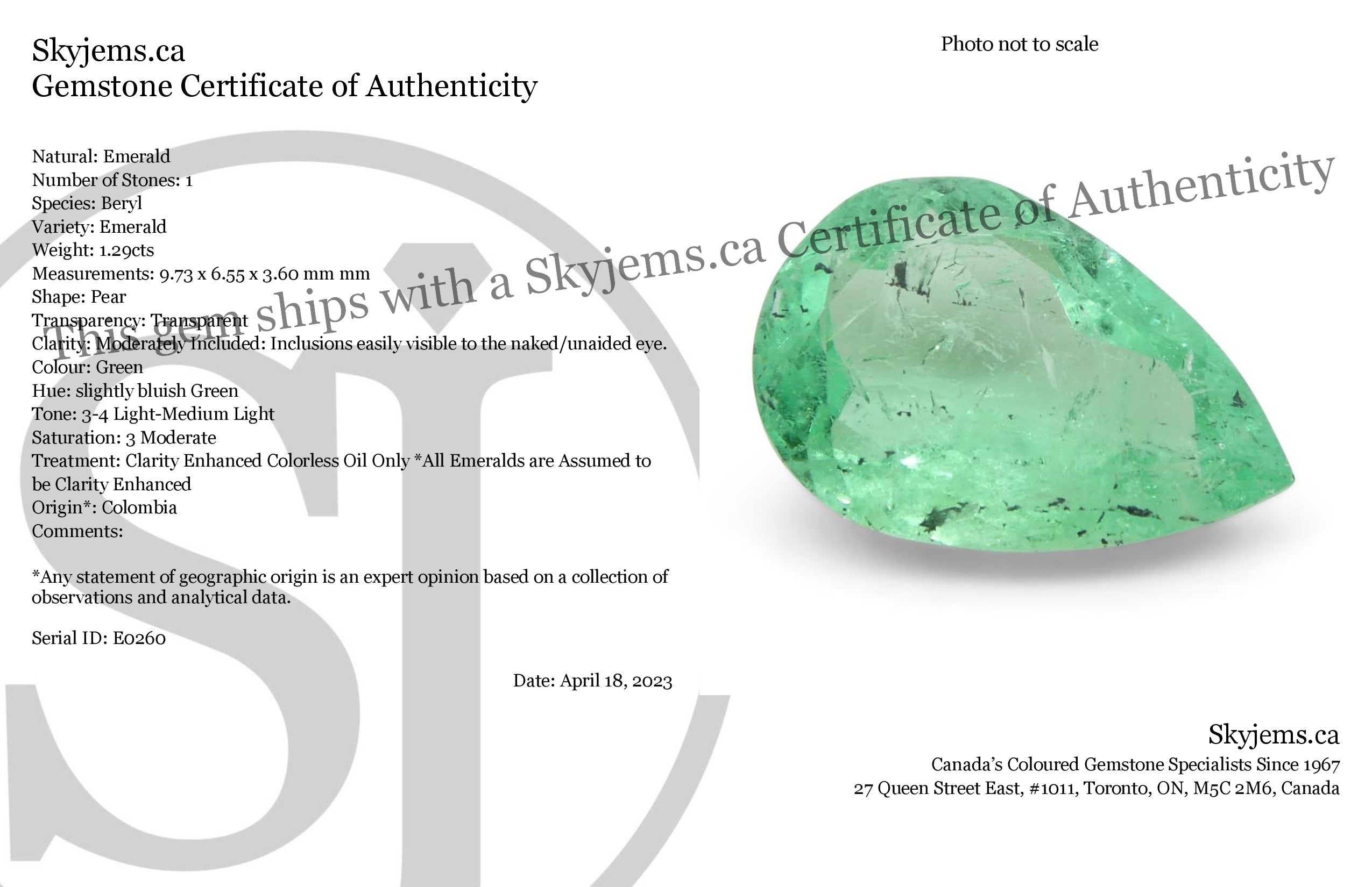1.29ct Colombian Pear Green Emerald, Moderate Clarity, SkyJems Fine Gemstones Rare Natural Green Beryl