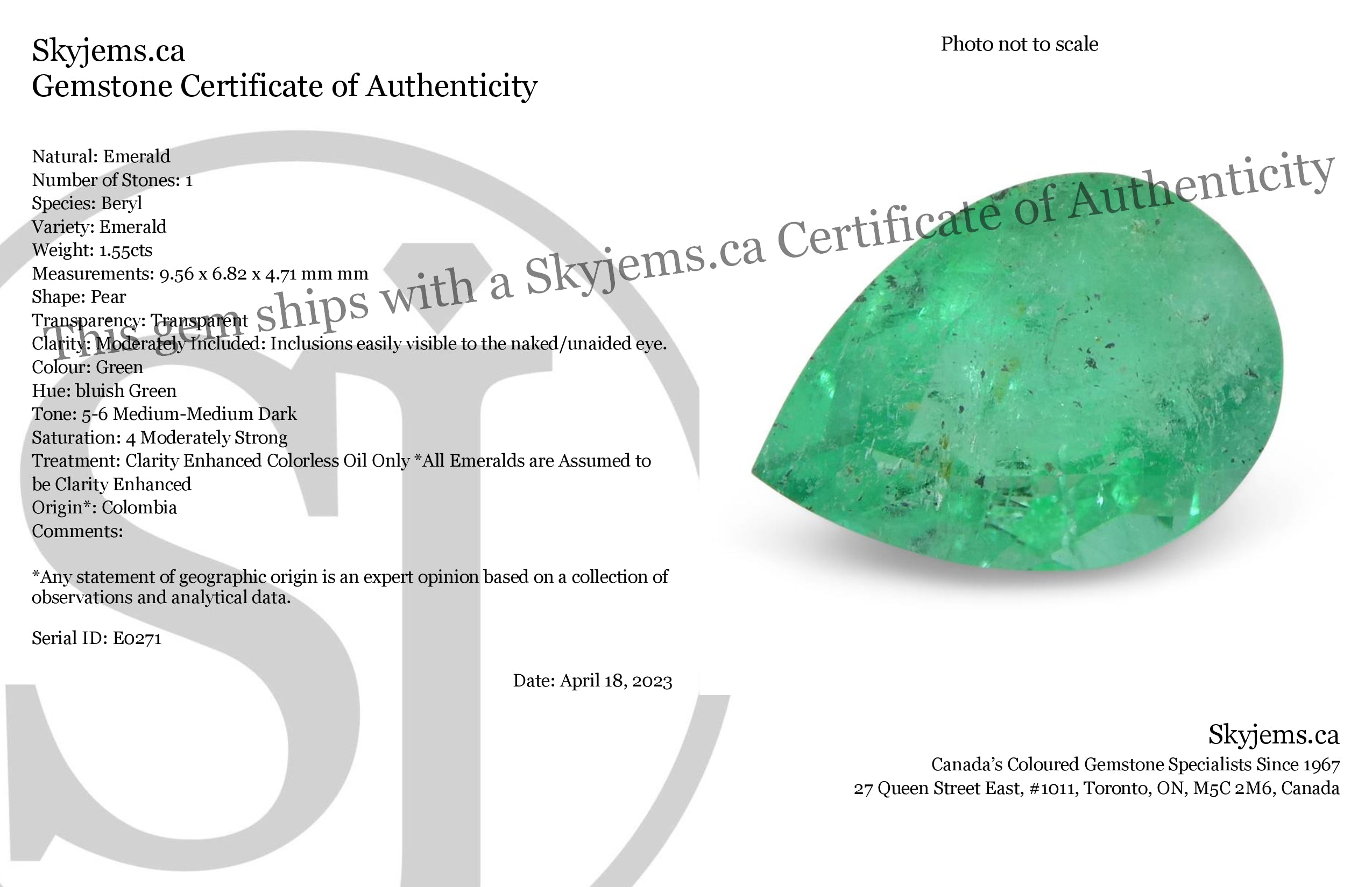 SkyJems 1.55ct Colombian Pear-Cut Green Emerald, bluish green beryl gemstone with moderate clarity and brilliance