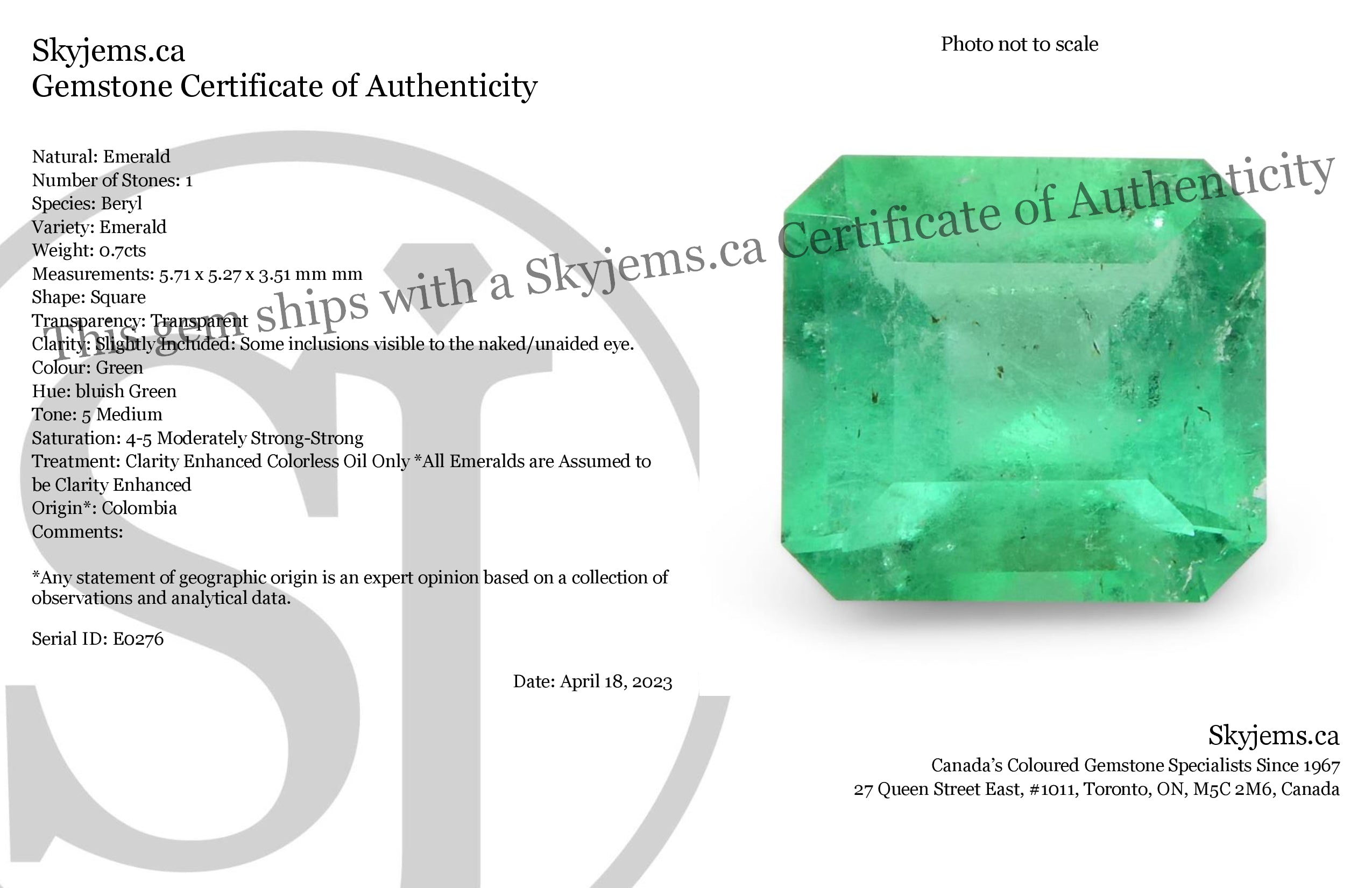 0.70ct Square Colombian Green Emerald, vibrant bluish-green beryl gemstone from SkyJems' premium collection