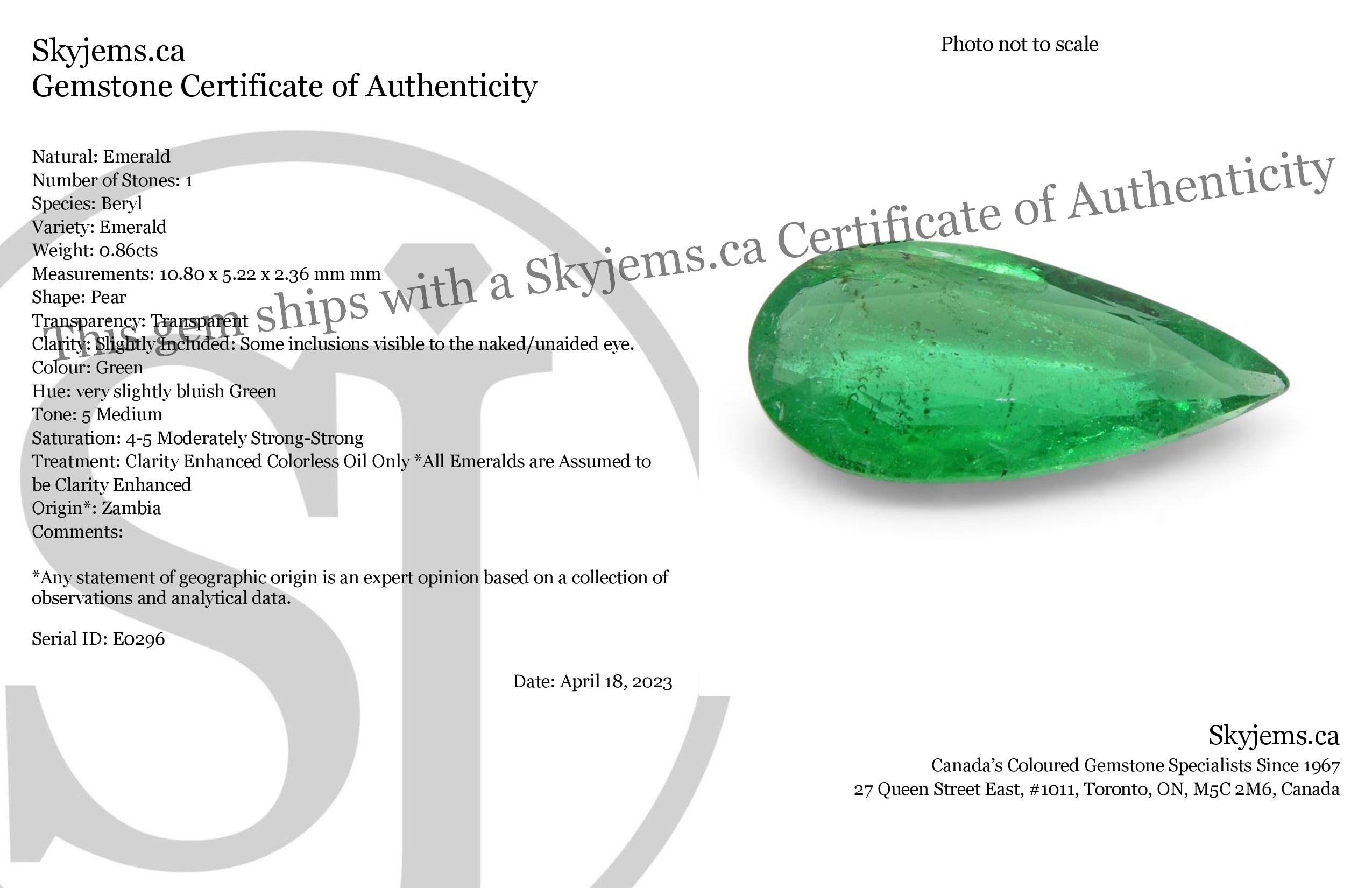 0.86ct Pear Green Emerald from Zambia, very slightly bluish, SkyJems premium Zambian gemstone collection