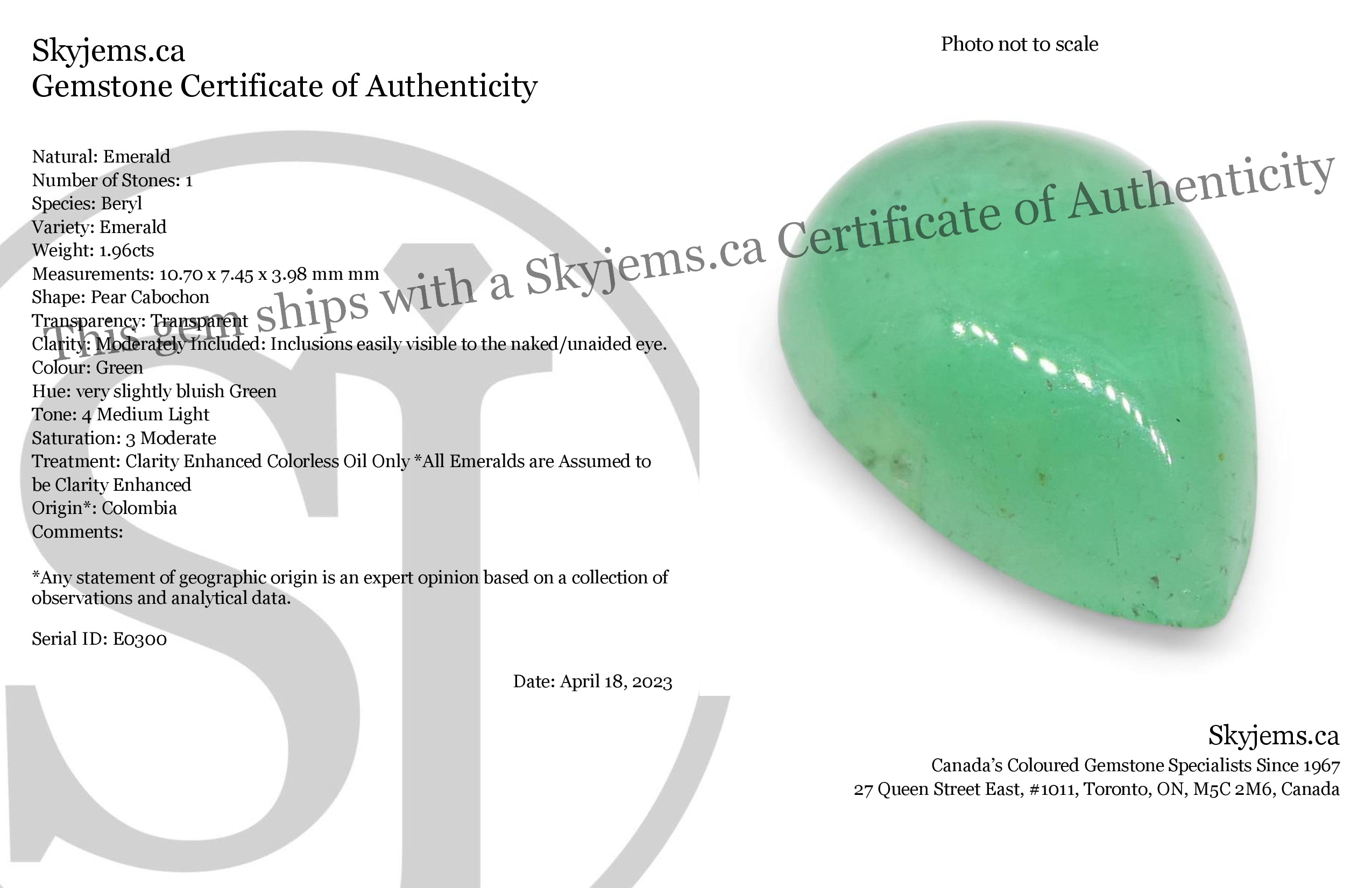 1.96ct Colombian Green Emerald Pear Cabochon, Bluish Green Beryl Gemstone by SkyJems Canada