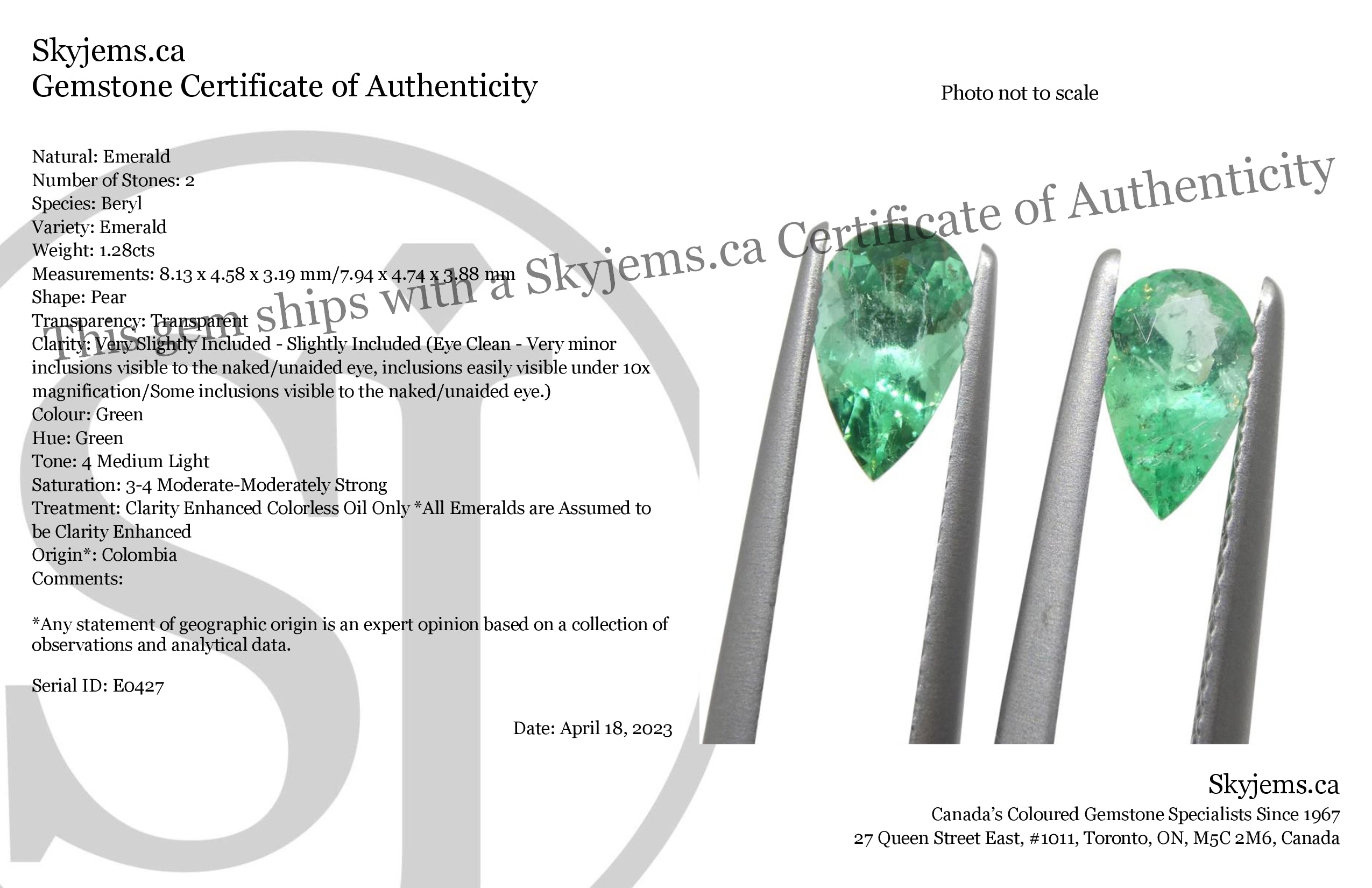 1.28ct Colombian Green Emerald Pair in Pear Shape, Moderate Clarity - Premium Gemstone by SkyJems Canada