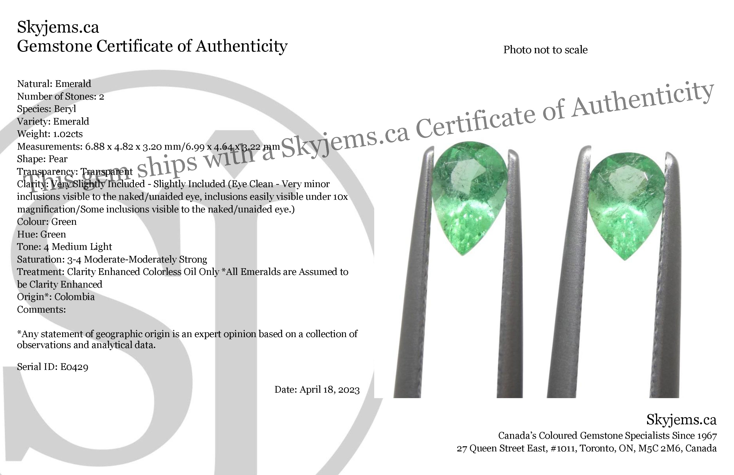 1.02ct Colombian Green Emerald Pear Pair from SkyJems - Premium Beryl Gemstone with Moderate Color Intensity
