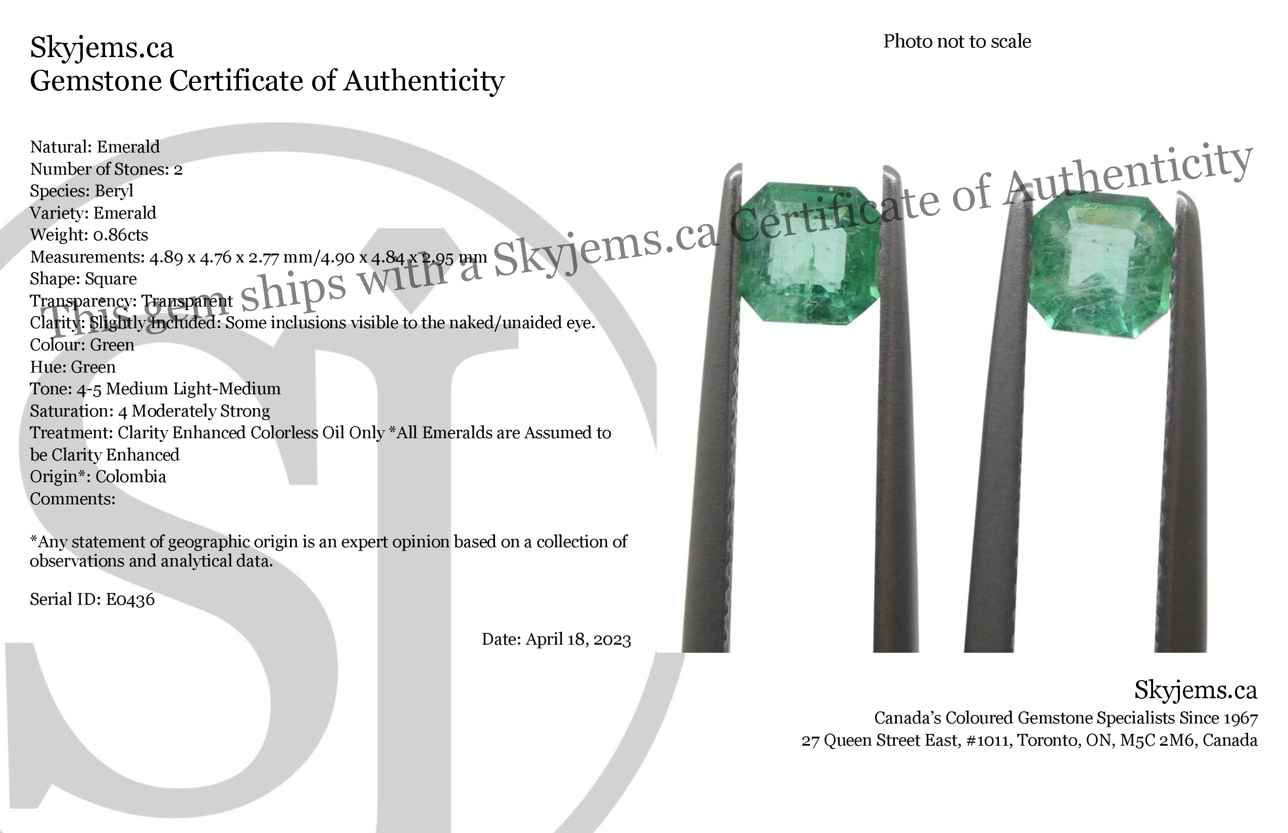 0.86ct Colombian Green Emerald Pair, Square Step Cut Gemstone from SkyJems Rare Gem Collection