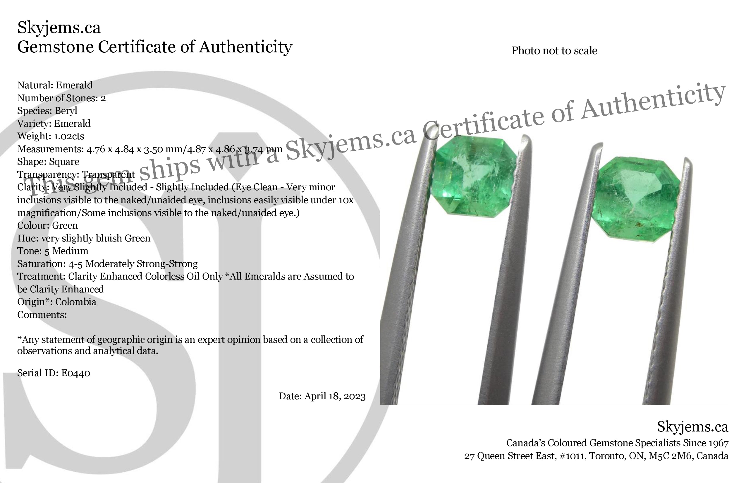 SkyJems Colombian Green Emerald Pair: 1.02ct Square Step Cut Gemstone with Vibrant Bluish-Green Hue