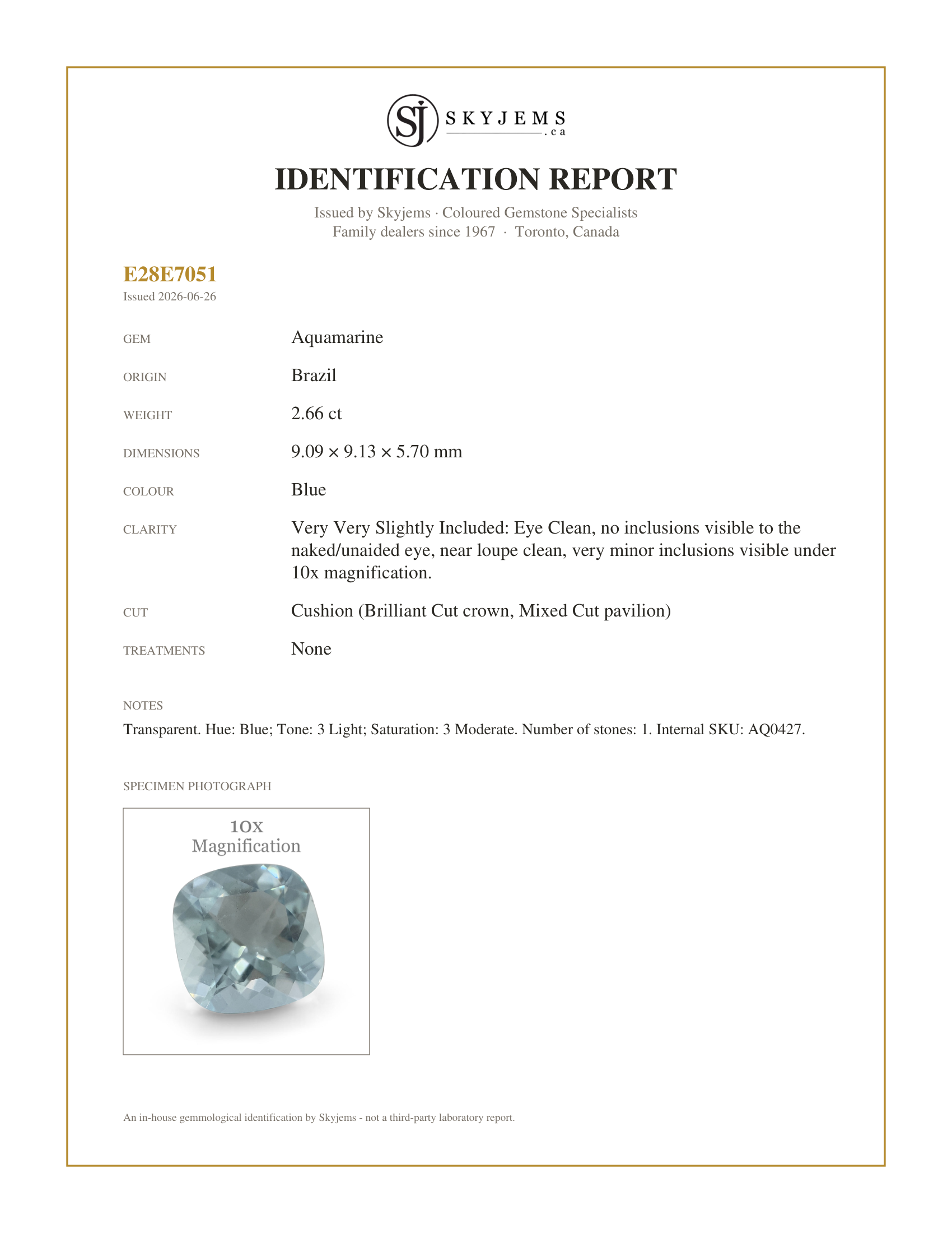 Skyjems Identification Report for AQ0427 — 2.66ct Cushion Aquamarine