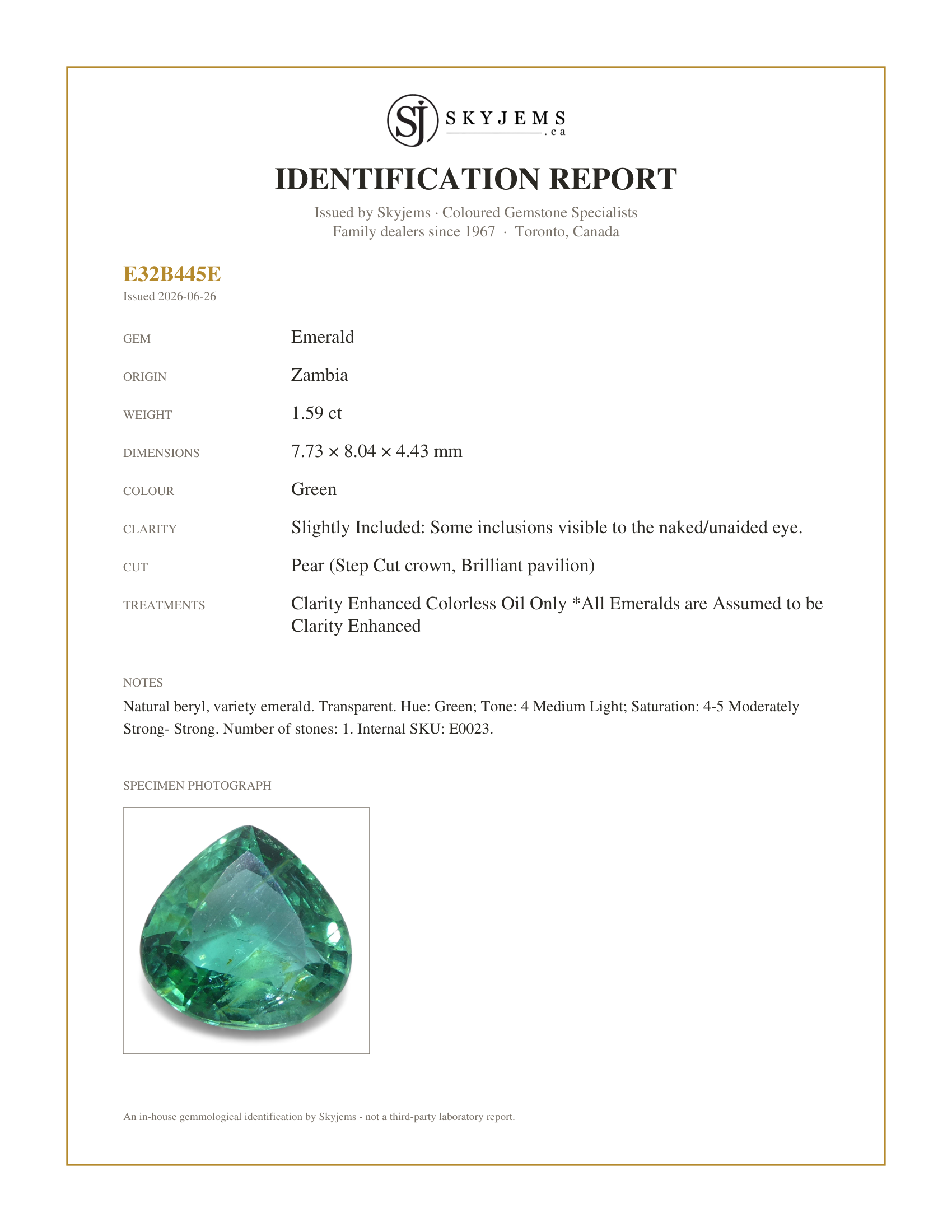 Skyjems Identification Report for E0023 — 1.59ct Pear Green Emerald from Zambia
