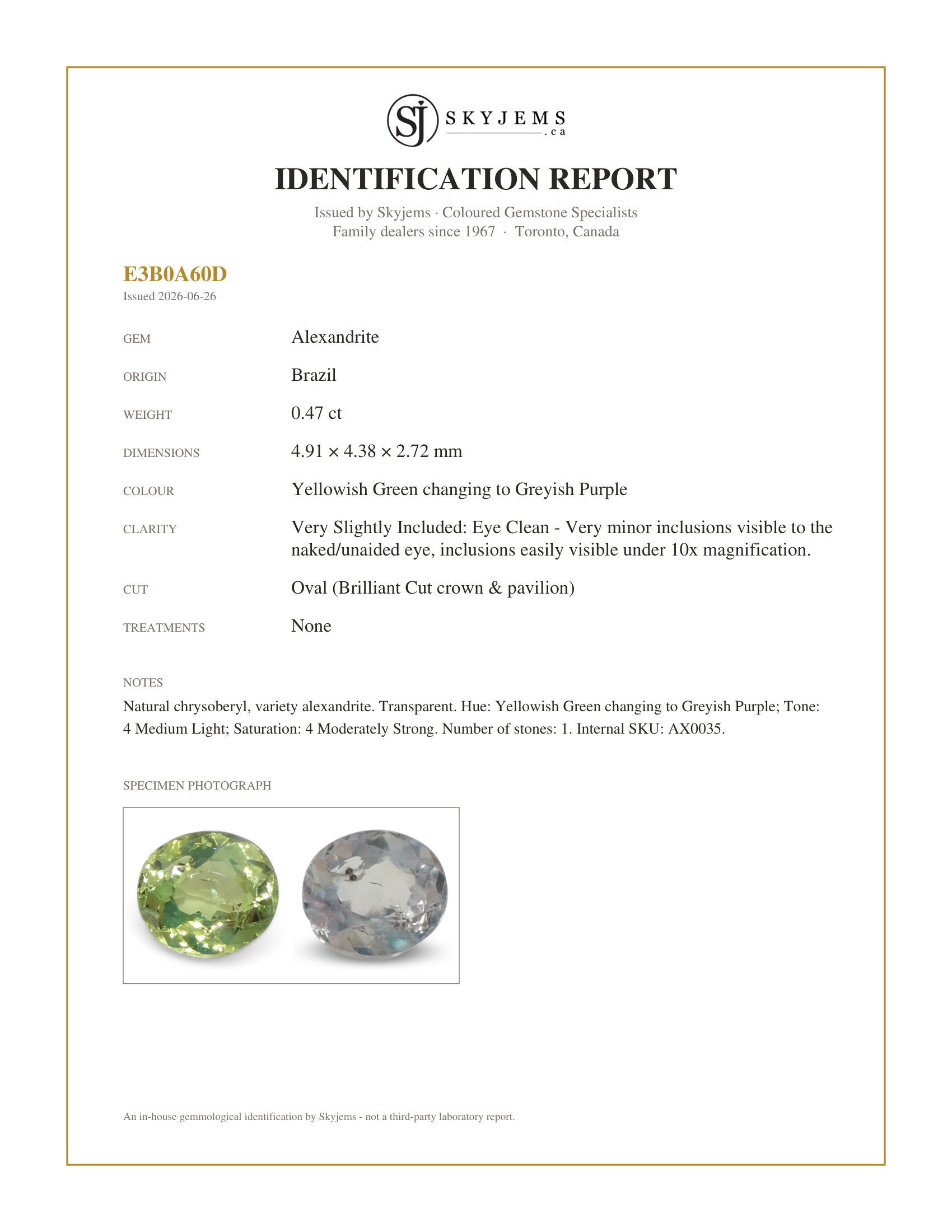 Skyjems Identification Report for AX0035 — 0.47ct Oval Yellowish Green to Greyish Purple Alexandrite from Brazil, Unheated