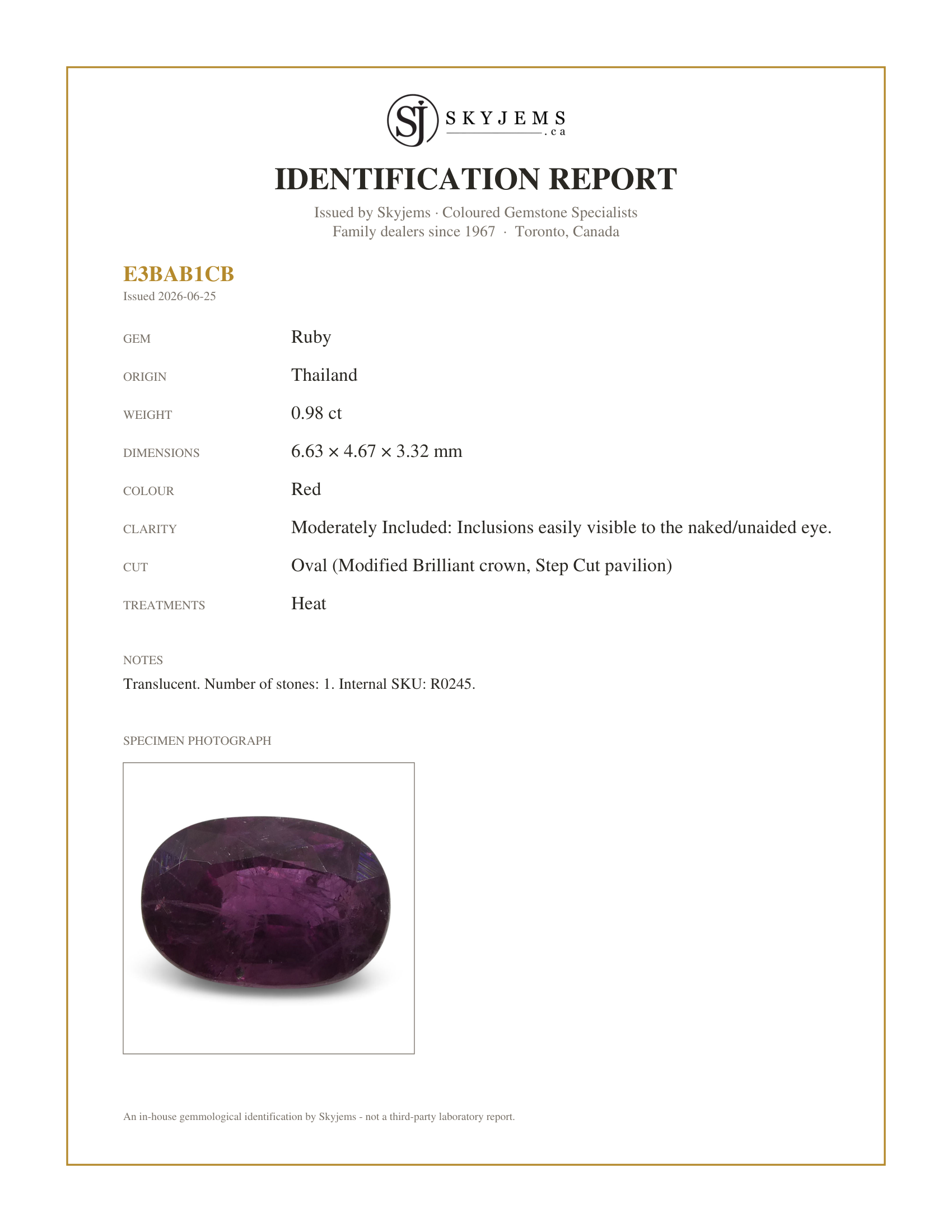 Skyjems Identification Report — 0.98 ct Oval Ruby Thailand