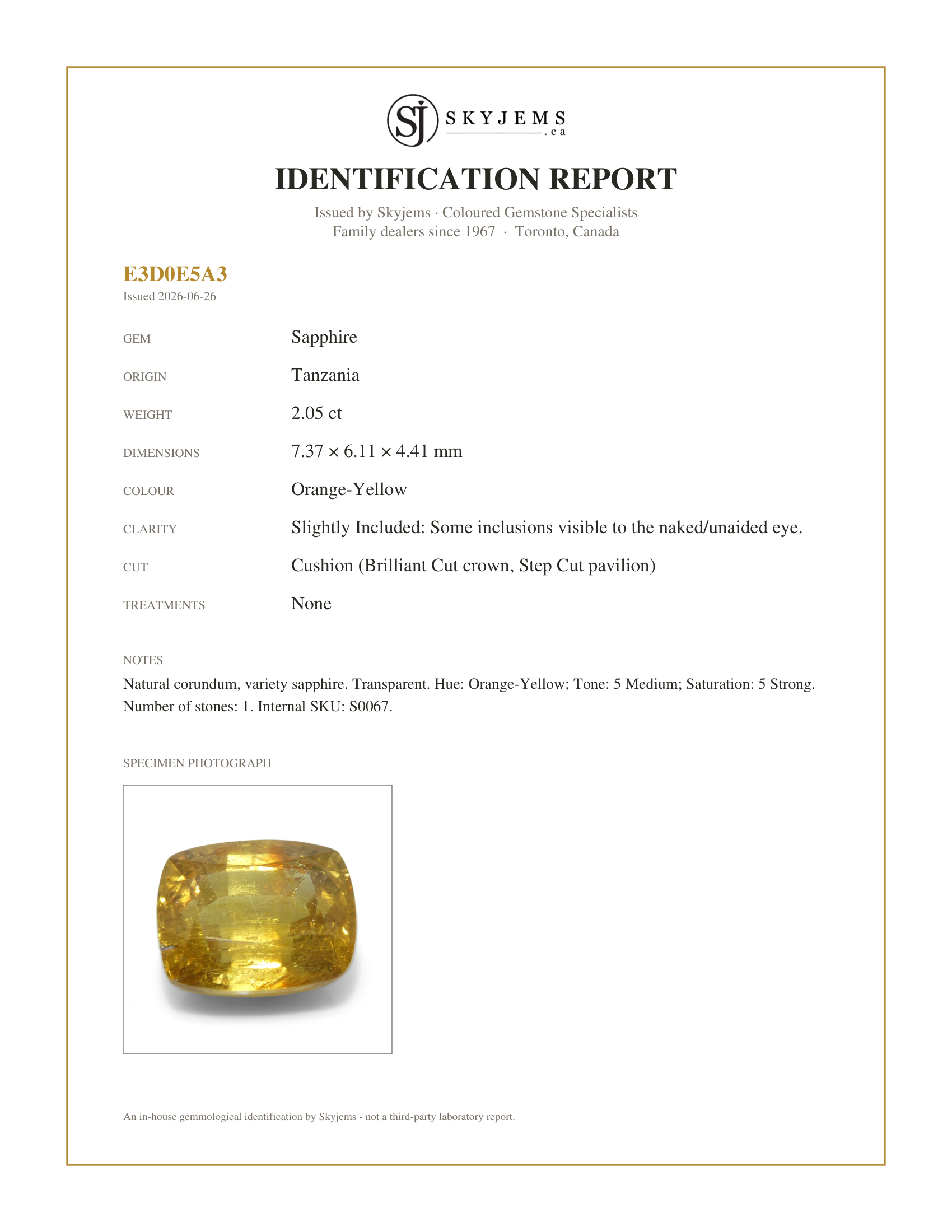 Skyjems Identification Report for S0067 — 2.05ct Cushion Orange-Yellow Sapphire from Tanzania, Unheated