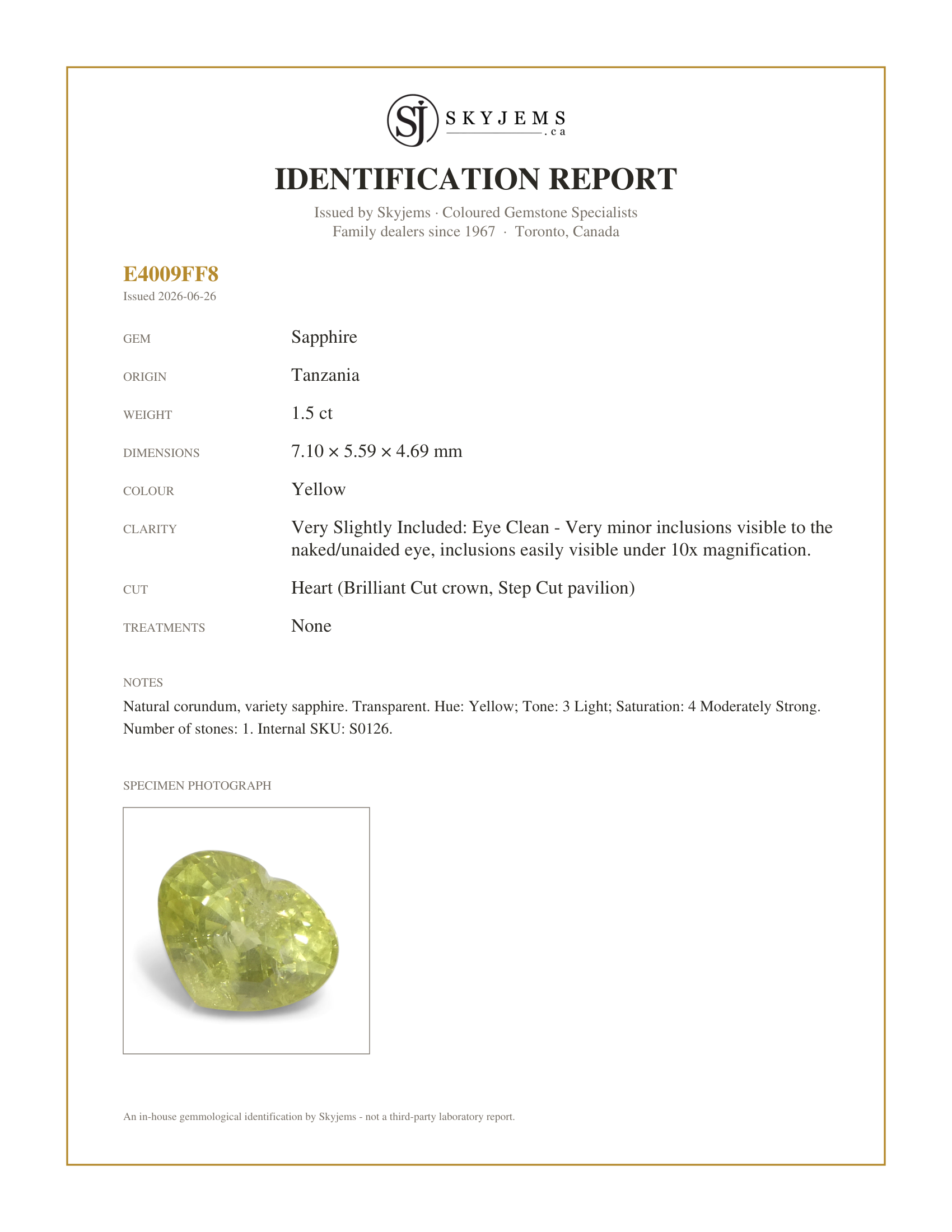 Skyjems Identification Report for S0126 — 1.5ct Heart Yellow Sapphire from Tanzania Unheated