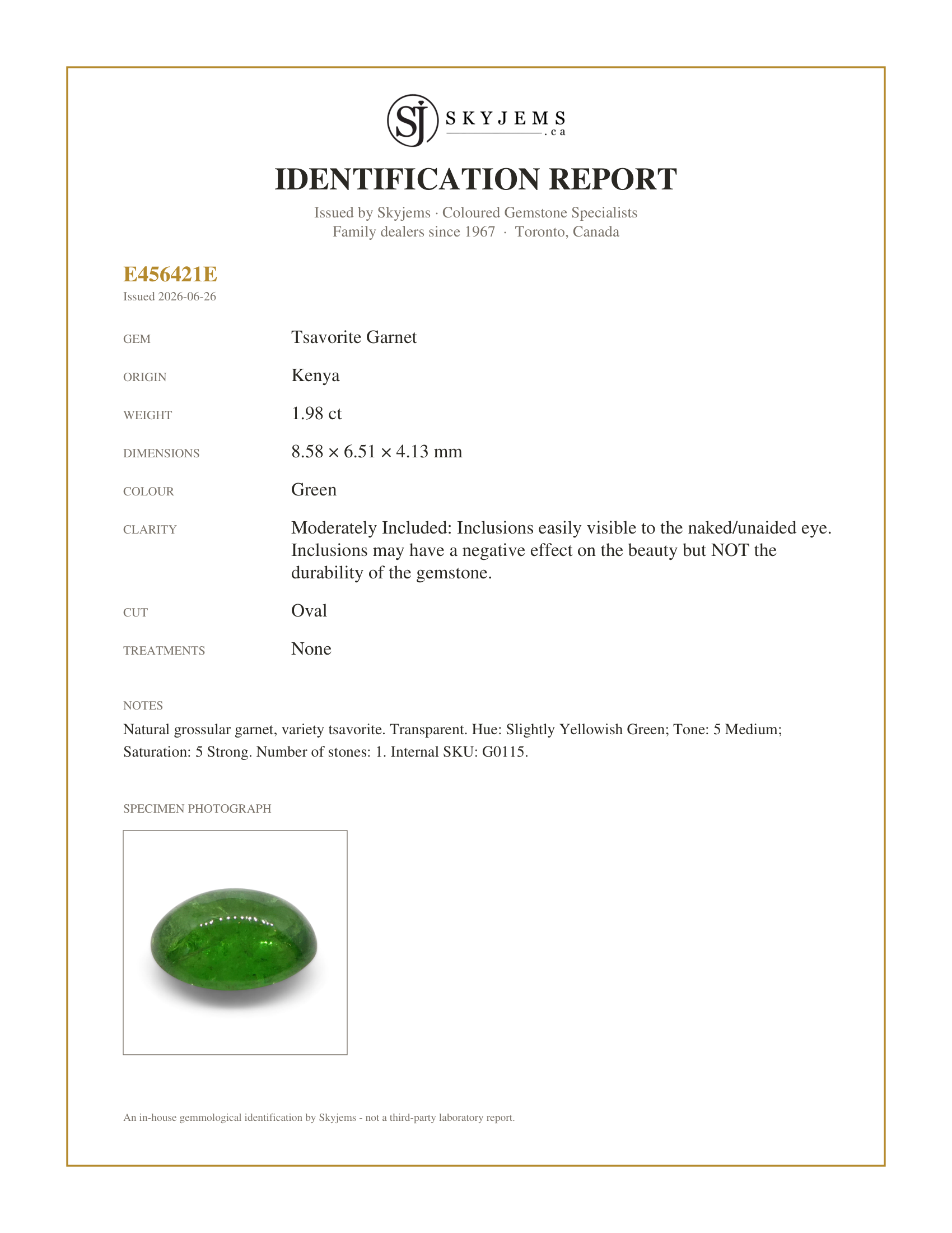 Skyjems Identification Report for G0115 — 1.98ct Oval Cabochon Green Tsavorite Garnet from Kenya, Unheated