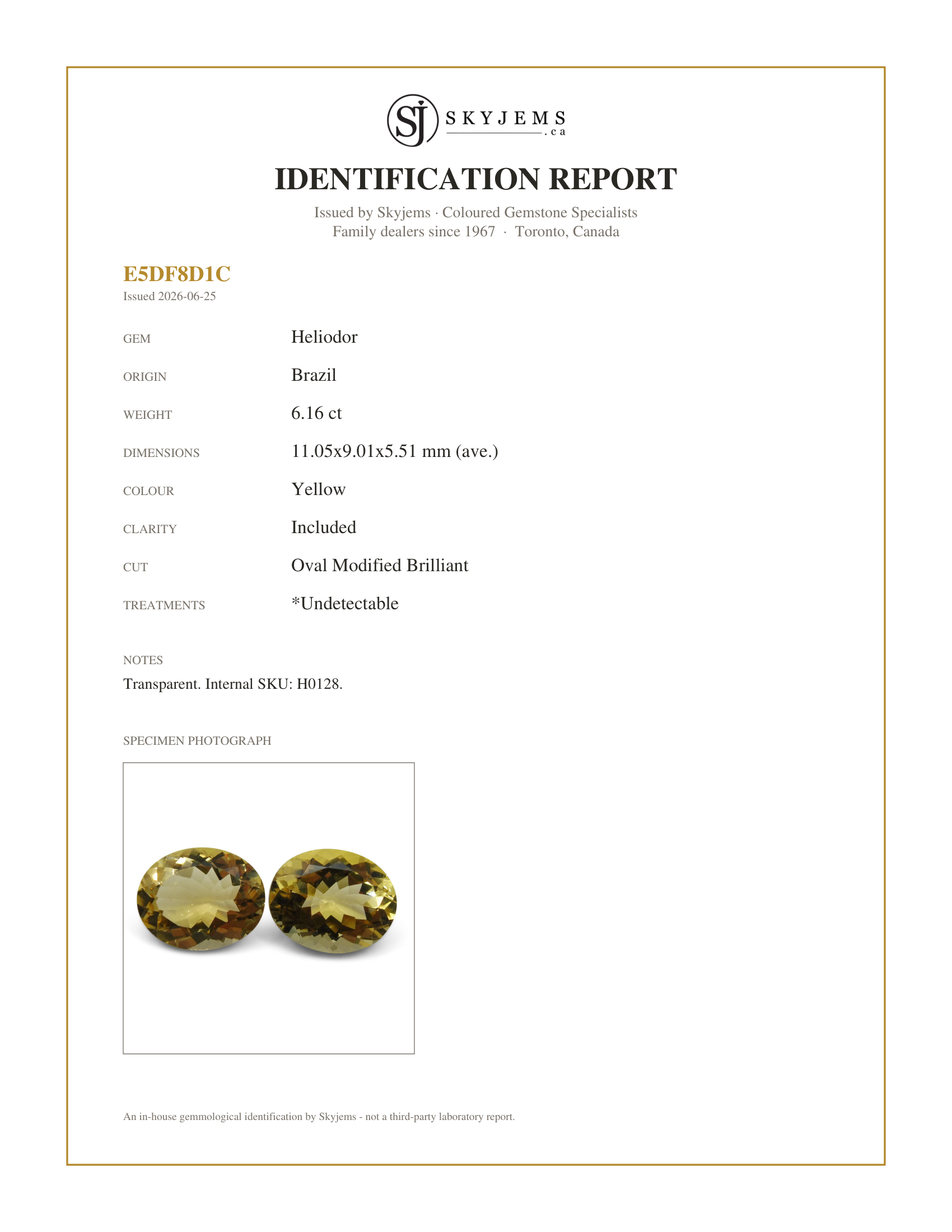 Skyjems Identification Report for H0128 — 6.16 ct Pair Oval Heliodor, Golden Yellow Beryl CGL-GRS Certified