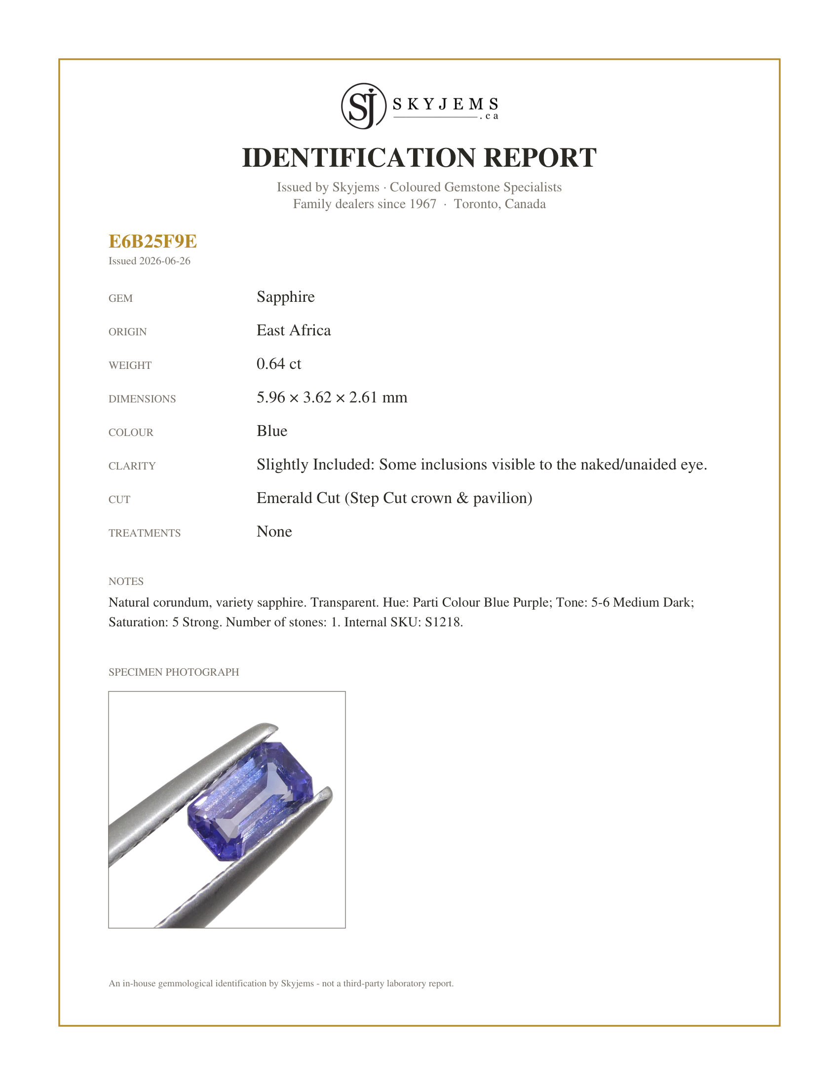 Skyjems Identification Report for S1218 — 0.64ct Emerald Cut Blue Sapphire from East Africa, Unheated