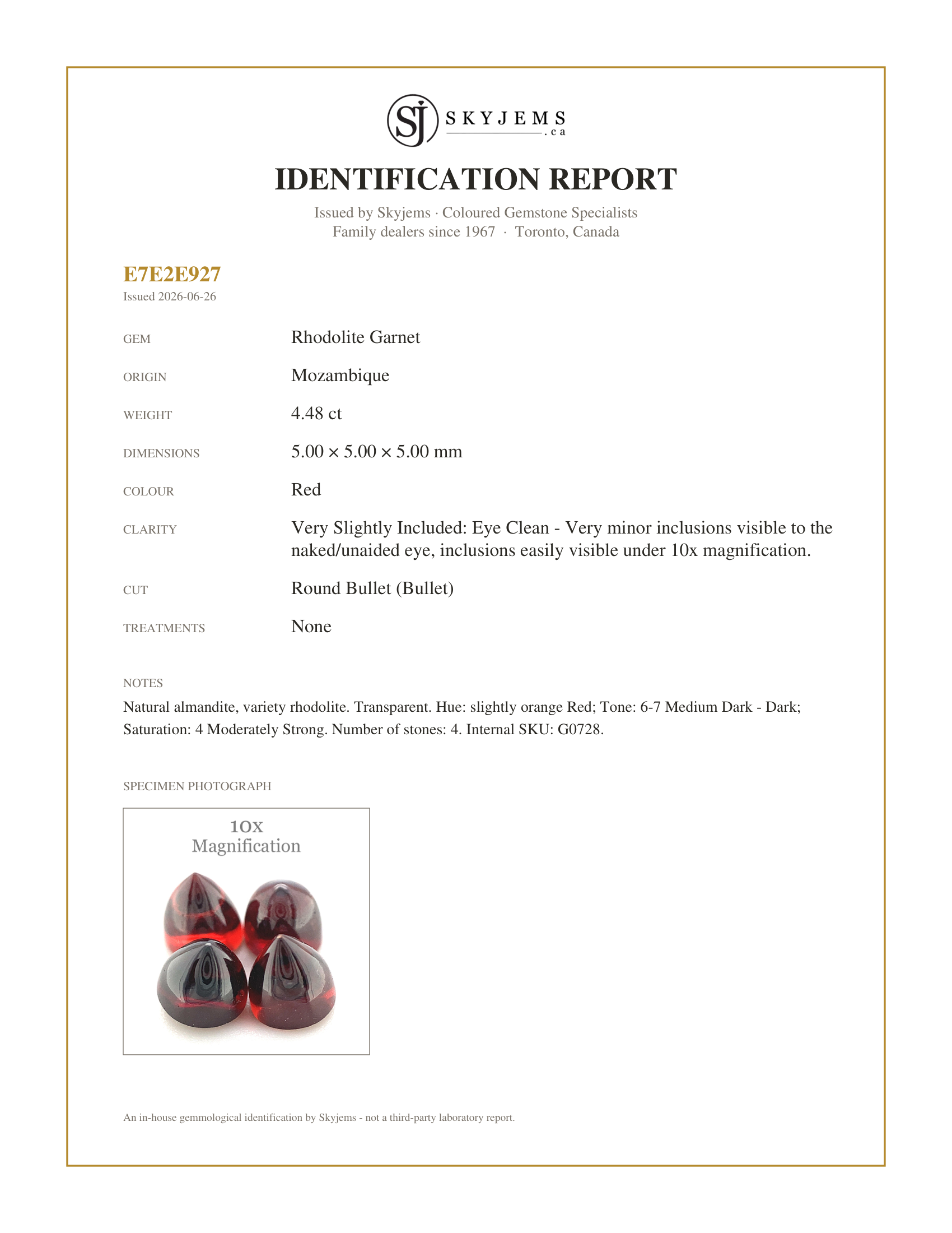 Skyjems Identification Report for G0728 — 4.48ct 4 Stone Set Almandine/Almandite Round Bullet Red Rhodolite Garnet from Mozambique