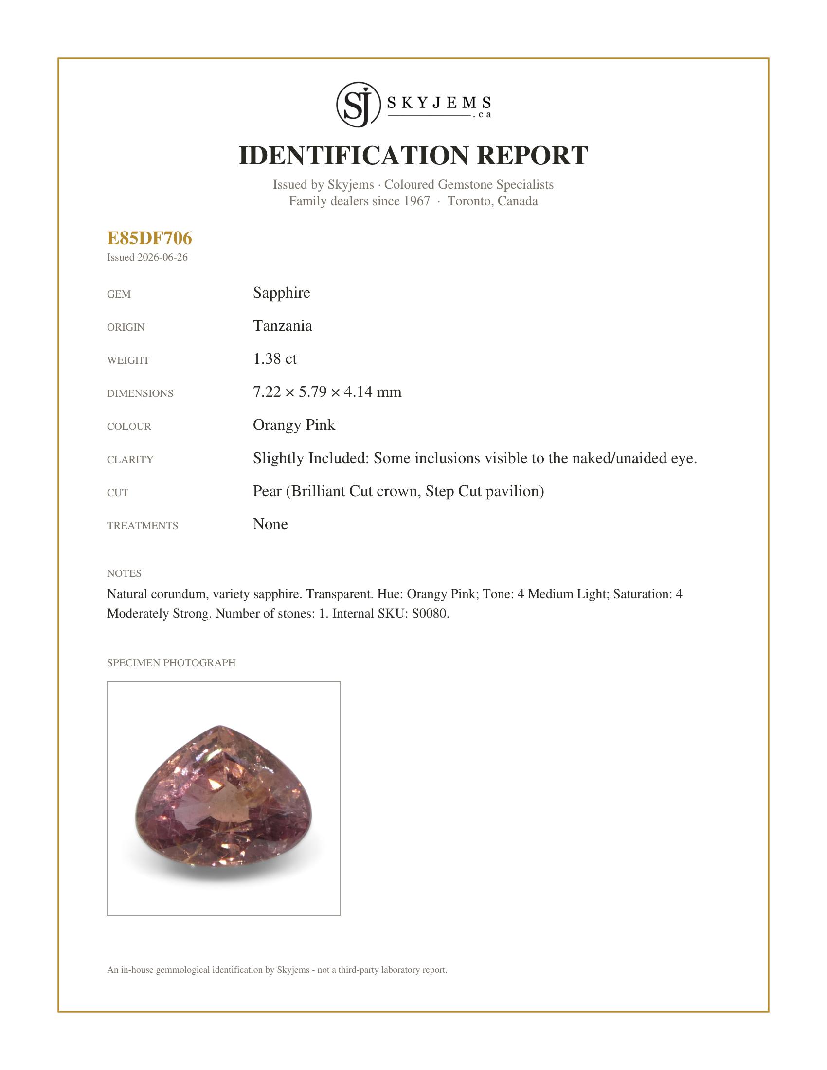 Skyjems Identification Report for S0080 — 1.38ct Pear Orangy-Pink Padparadscha Sapphire from Tanzania, Unheated