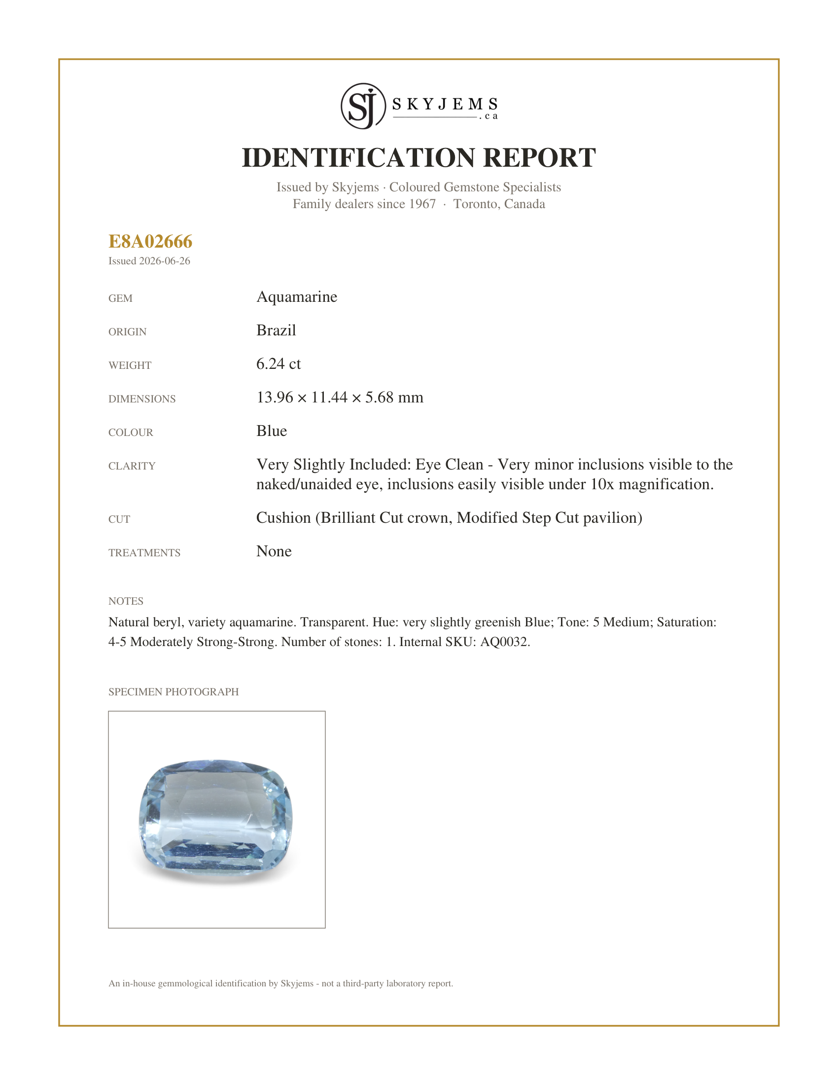 Skyjems Identification Report for AQ0032 — 6.24ct Cushion Blue Aquamarine from Brazil