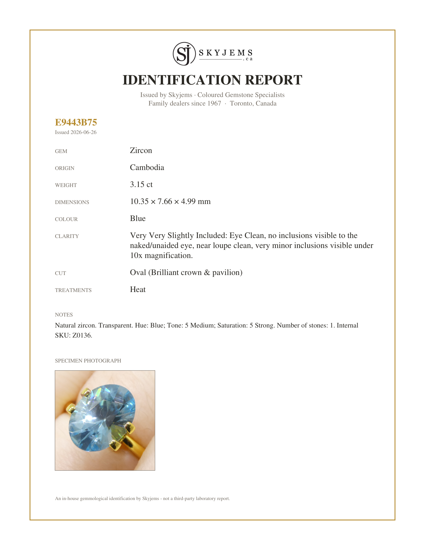Skyjems Identification Report for Z0136 — 3.15ct Natural Earth Mined Oval Master Brilliant Cut Blue Zircon from Cambodia