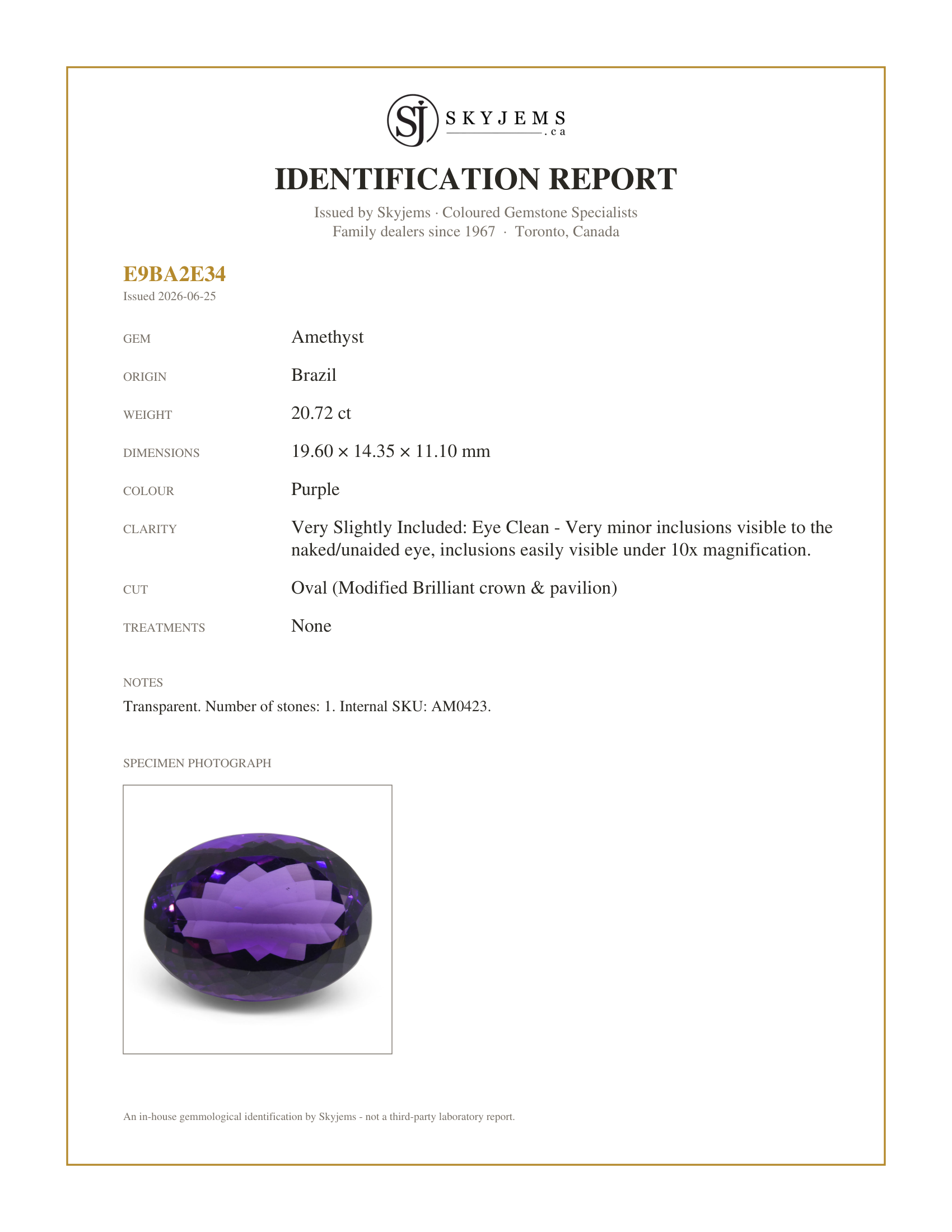 Skyjems Identification Report for AM0423 — 20.72 ct Oval Amethyst