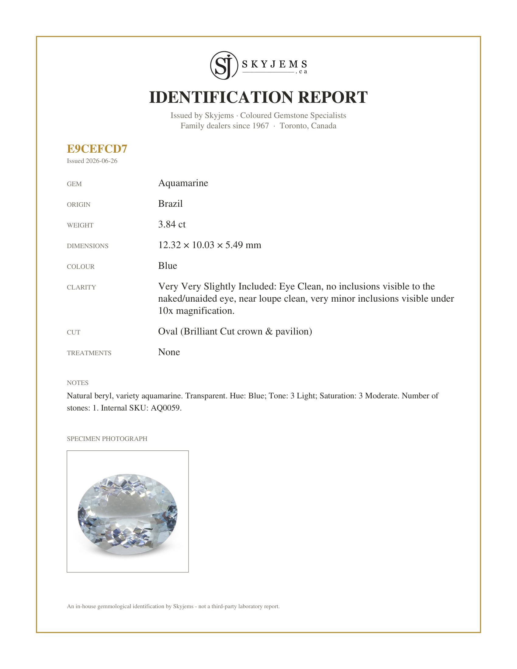 Skyjems Identification Report for AQ0059 — 3.84ct Oval Blue Aquamarine from Brazil Unheated