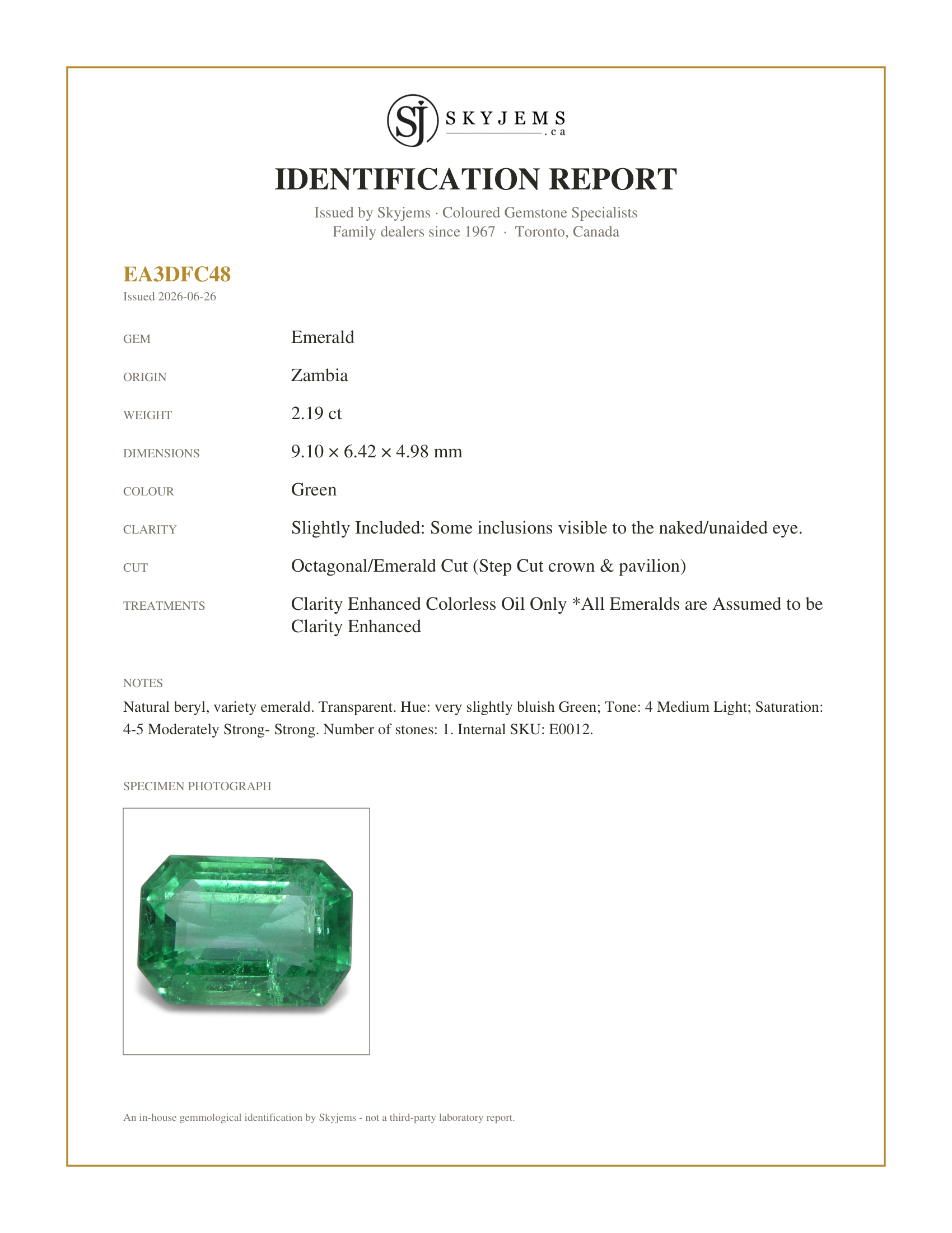 Skyjems Identification Report for E0012 — 2.19ct Octagonal/Emerald Cut Green Emerald from Zambia