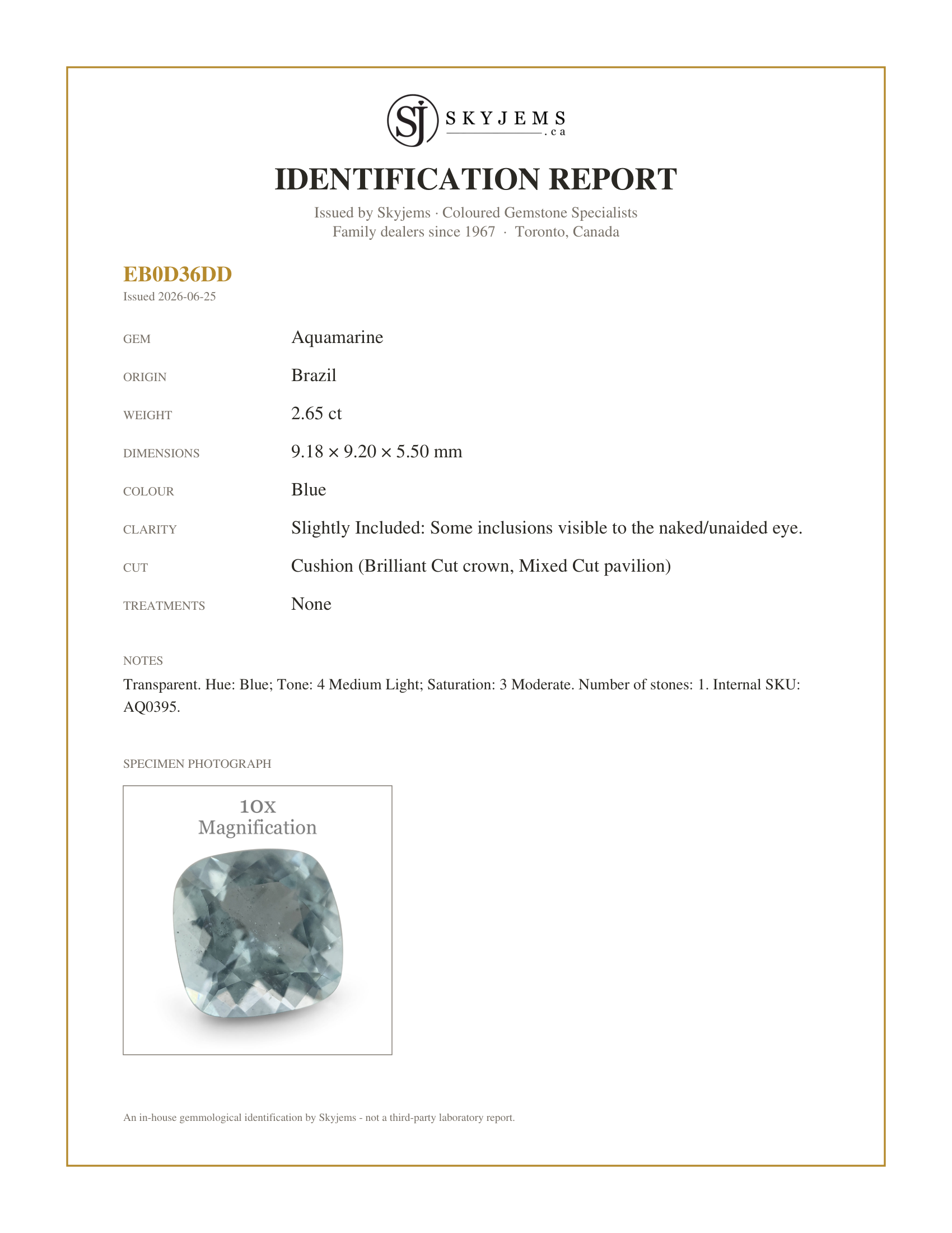 Skyjems Identification Report for AQ0395 — 2.65ct Cushion Aquamarine