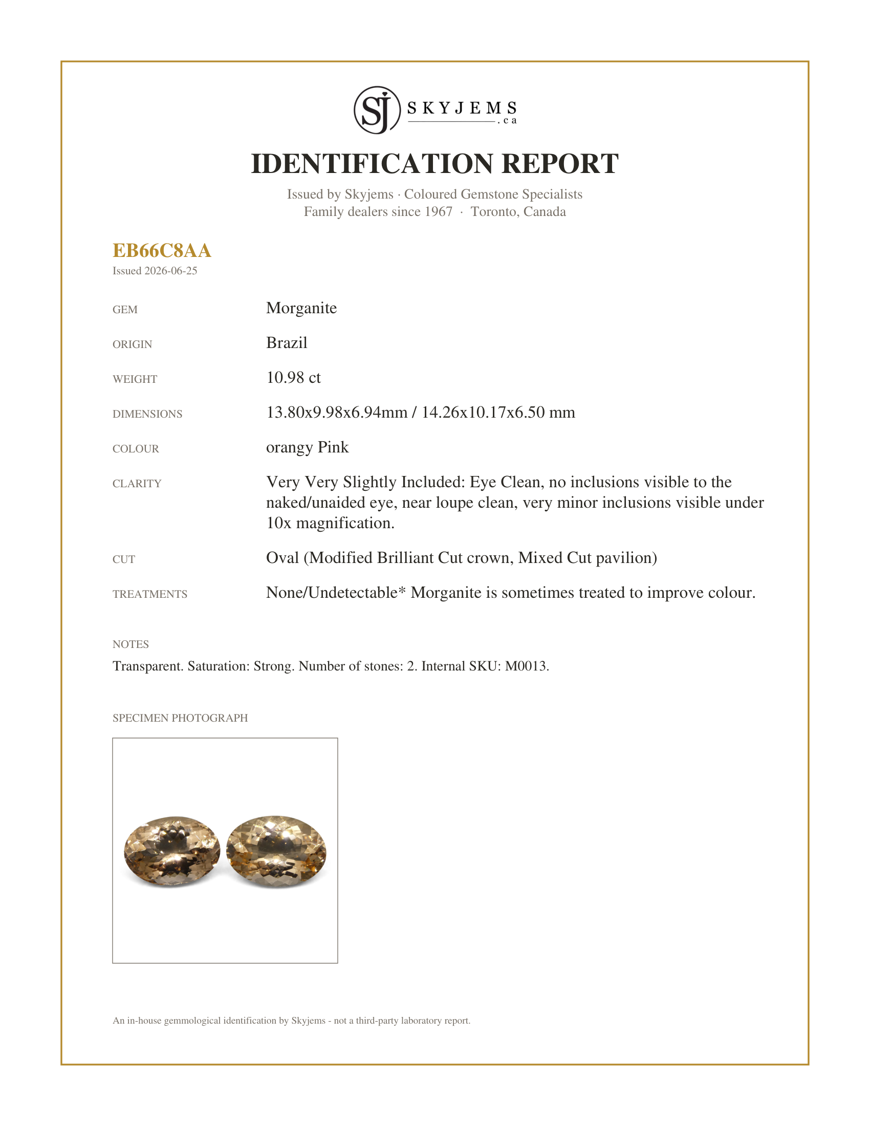 Skyjems Identification Report for M0013 — 10.98 ct Oval Morganite Pair
