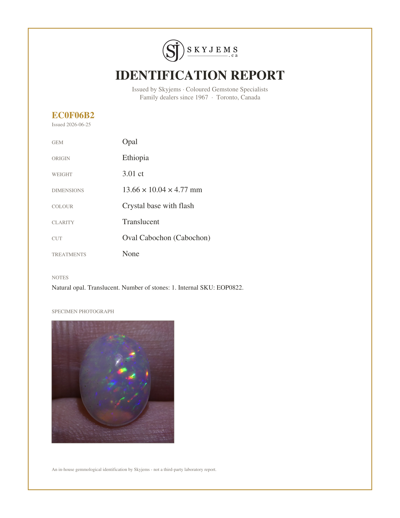 Skyjems Identification Report for EOP0822 — 3.01ct Oval Cabochon Crystal Opal