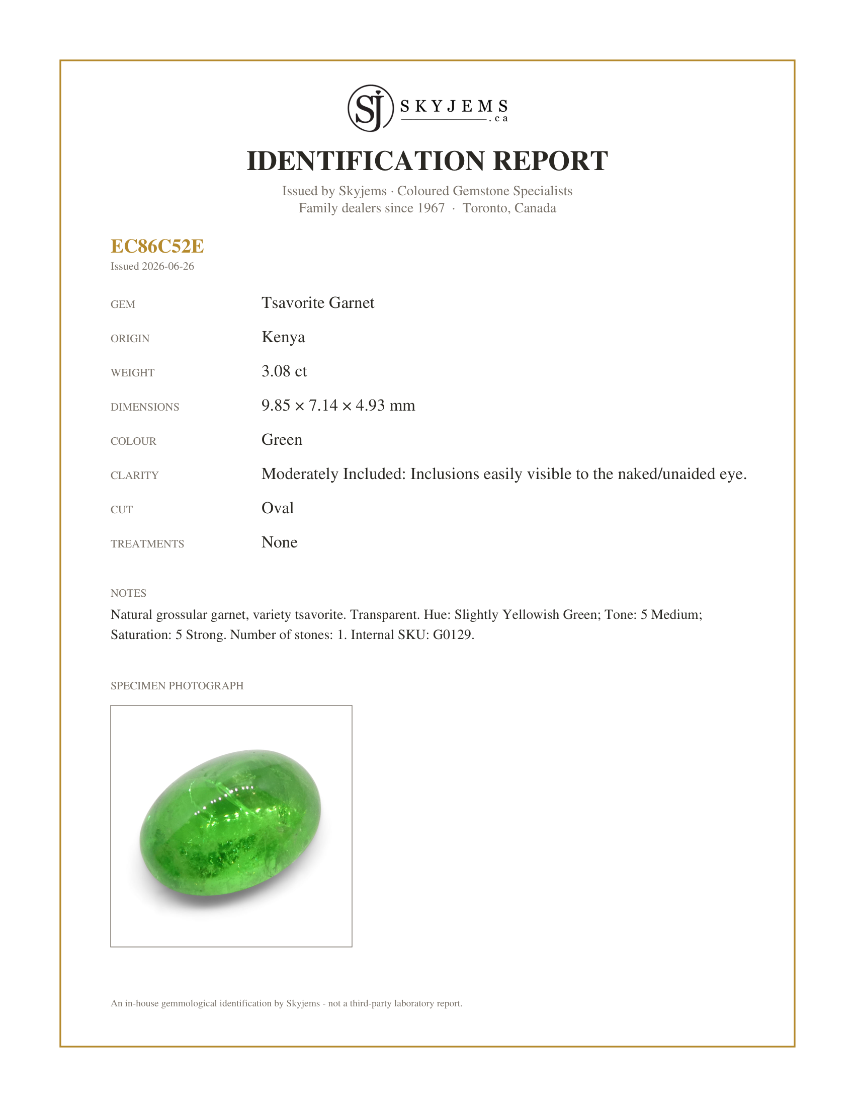 Skyjems Identification Report for G0129 — 3.08ct Oval Cabochon Green Tsavorite Garnet from Kenya, Unheated