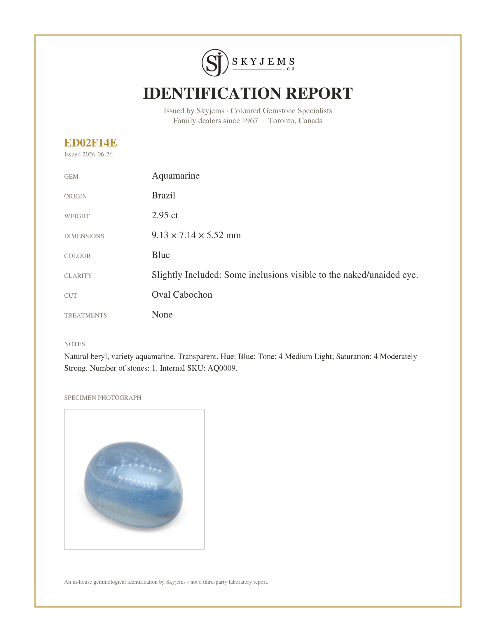 Skyjems Identification Report for AQ0009 — 2.95ct Oval Cabochon Blue Aquamarine from Brazil