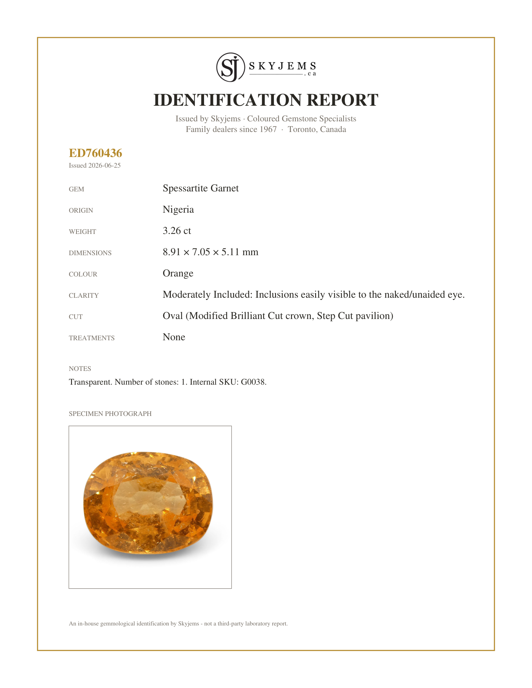 Skyjems Identification Report for G0038 — 3.26 ct Oval Fanta Orange Mandarin Spessartite/Spessartine Garnet