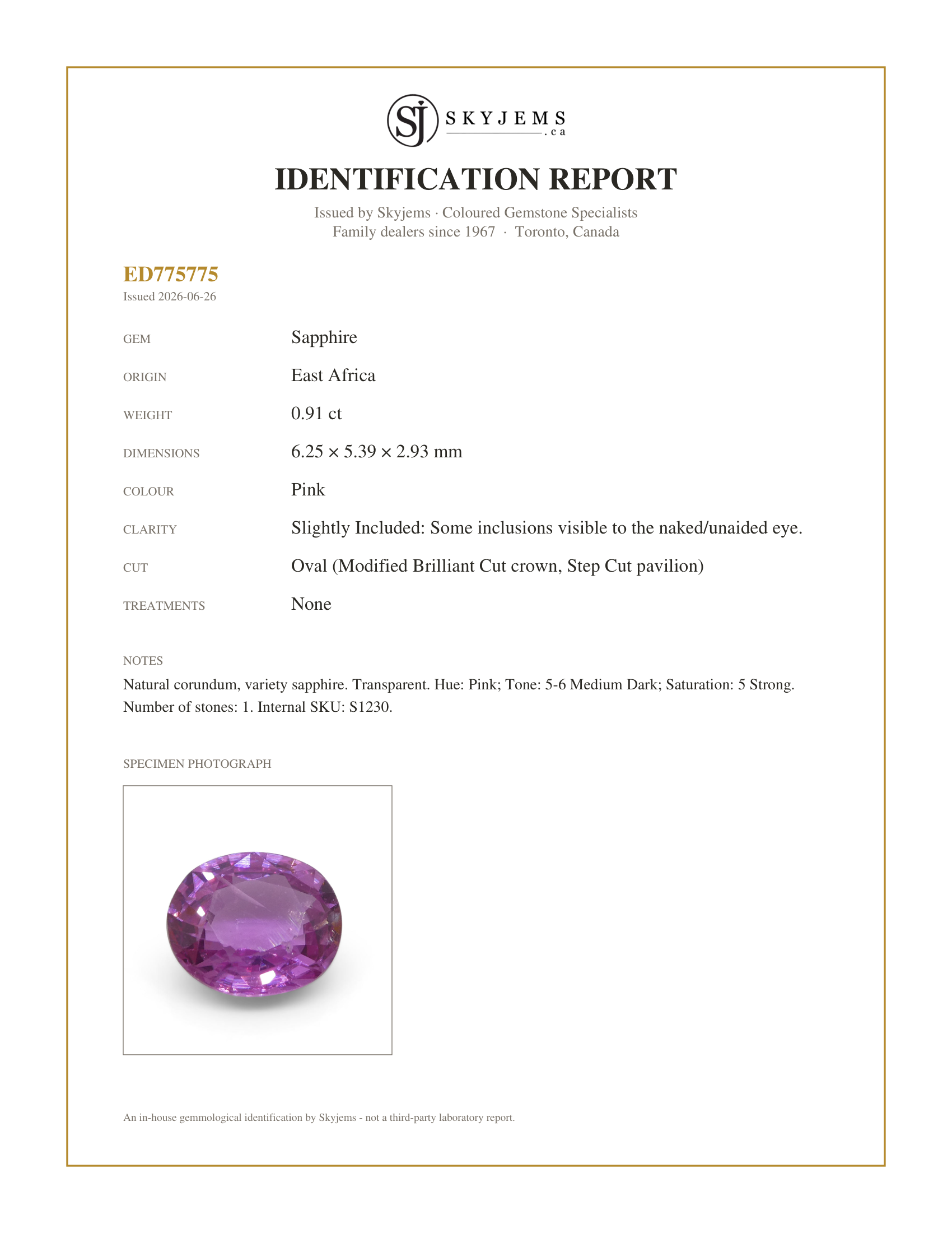 Skyjems Identification Report for S1230 — 0.91ct Oval Pink Sapphire from East Africa, Unheated